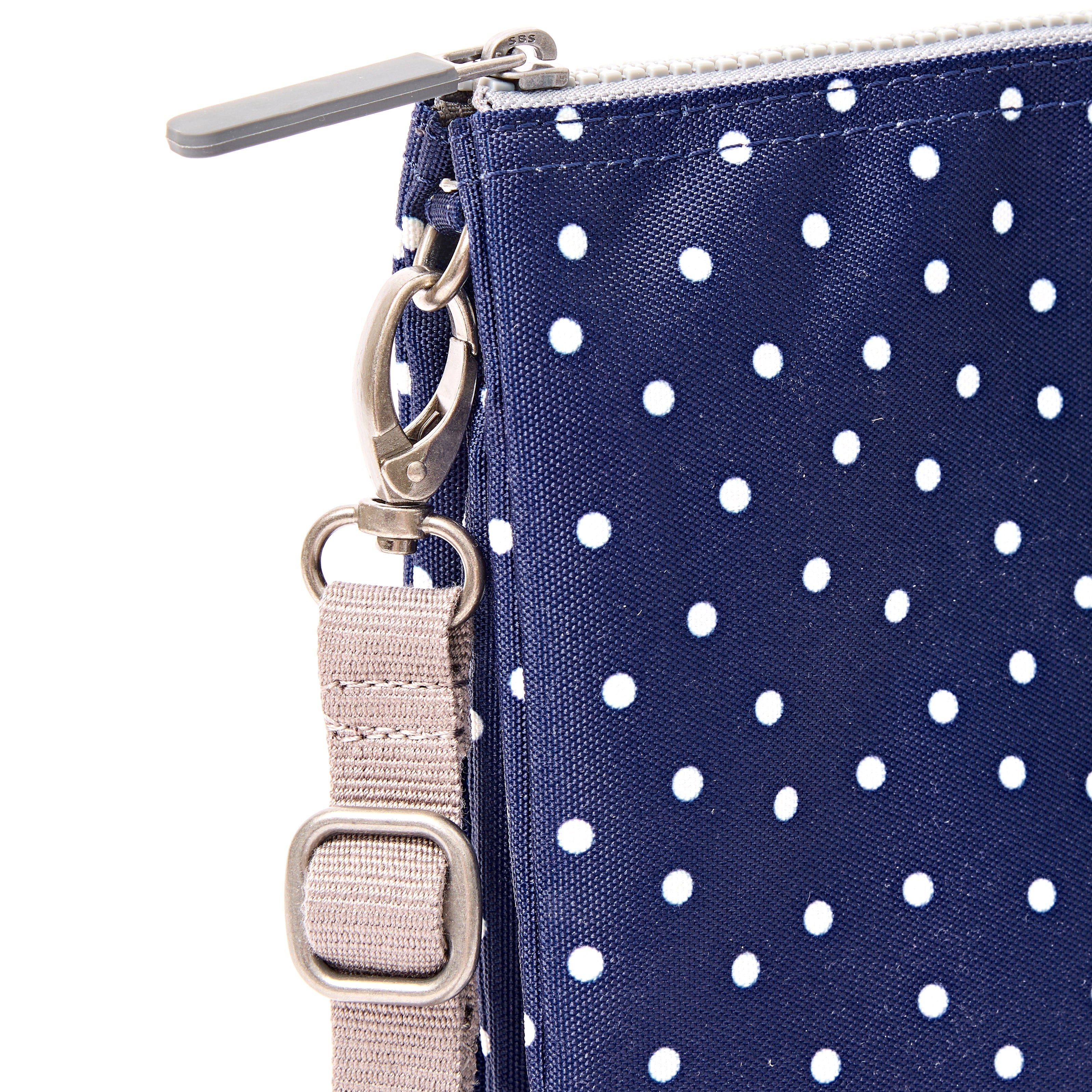 Roka Carnaby Crossbody XL Navy Polka Dot Recycled Canvas at Bibelot Leek UK Stockist