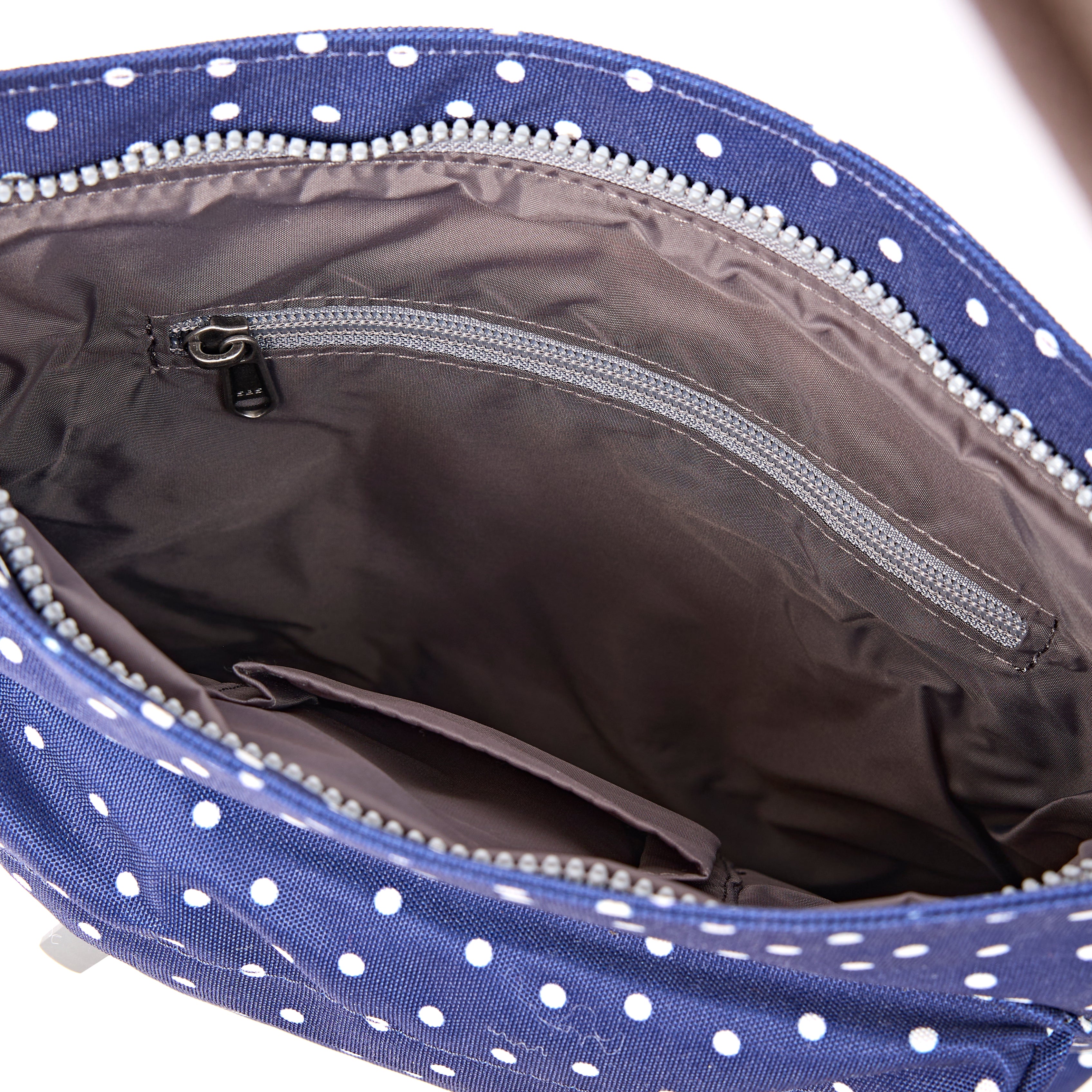 Roka Kennington Crossbody Bag Recycled Canvas: Navy Polka Dot at Bibelot Leek UK Stockist