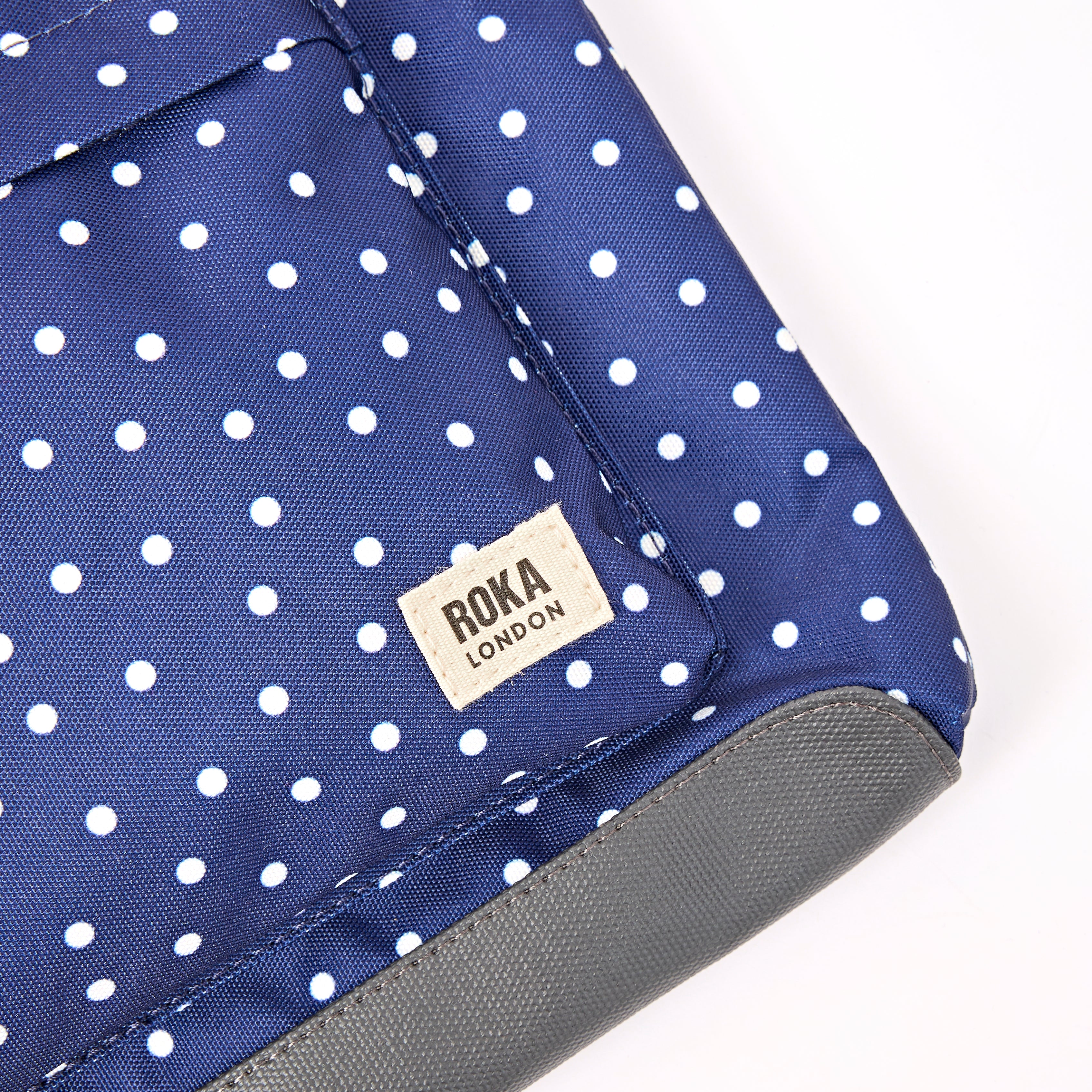 Roka Kennington Crossbody Bag Recycled Canvas: Navy Polka Dot at Bibelot Leek UK Stockist