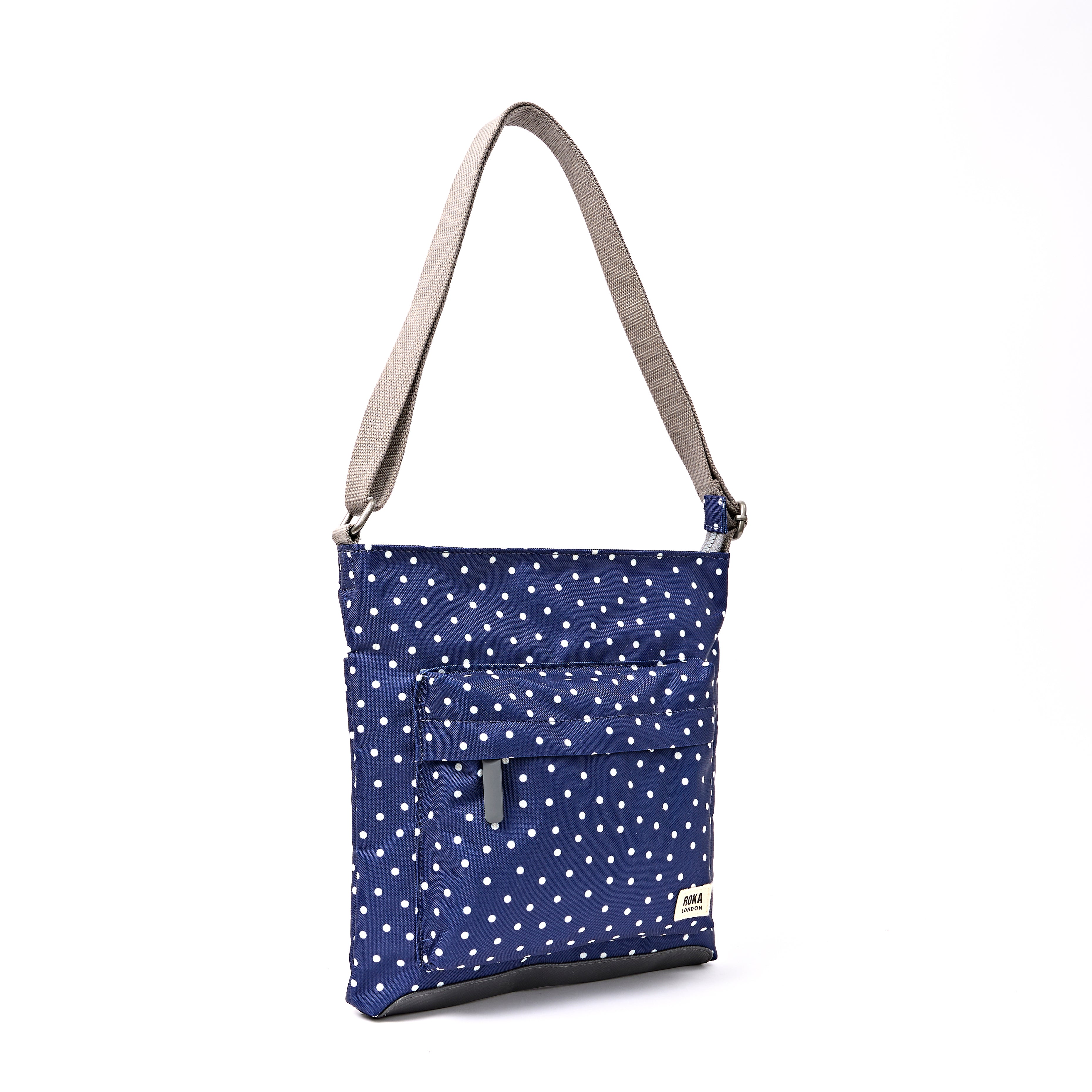 Roka Kennington Crossbody Bag Recycled Canvas: Navy Polka Dot at Bibelot Leek UK Stockist