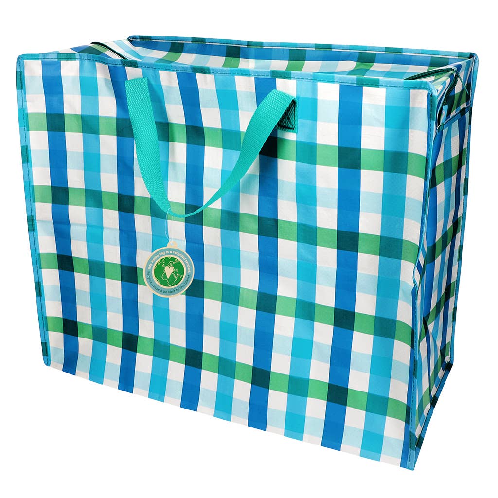Blue and green checkered bag with a visible brand logo on a white background