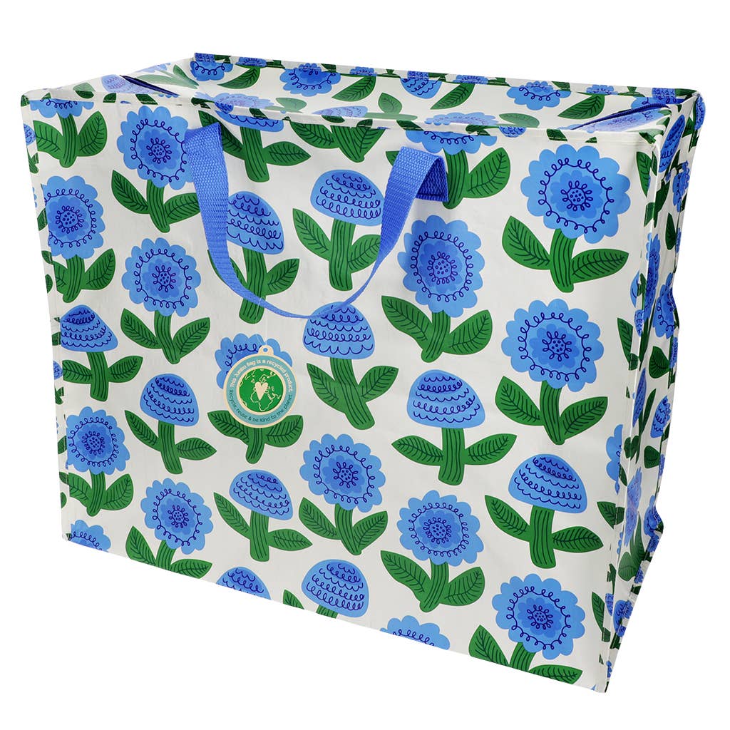 Floral-patterned bag with blue flowers and green leaves on a white background