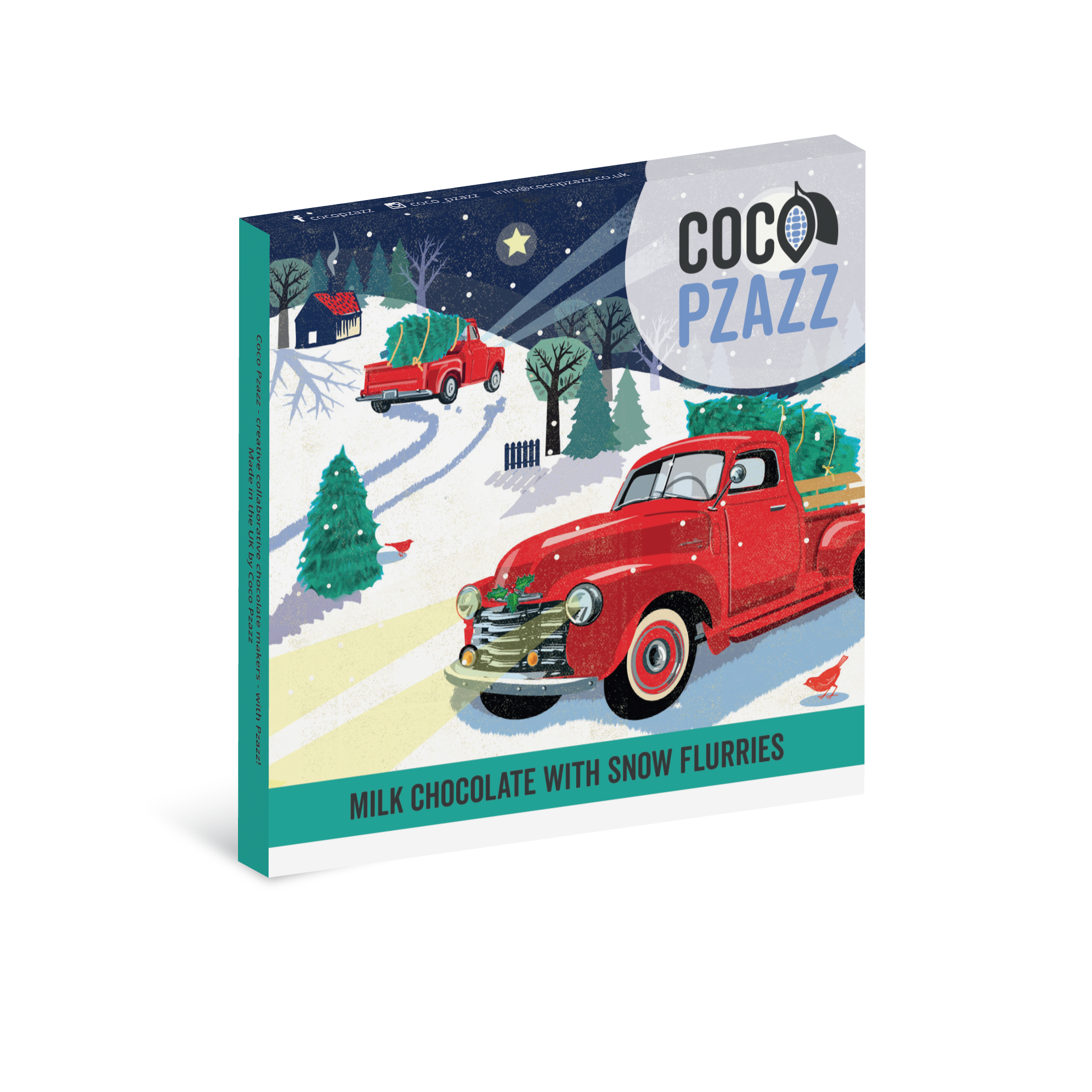 Coco Pzazz chocolate packaging with a red truck and Christmas scene