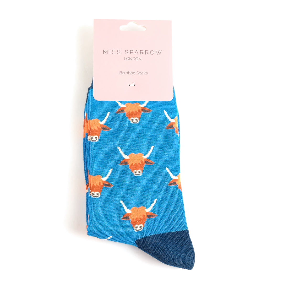 Miss Sparrow Highland Cows Socks Blue at Bibelot Leek