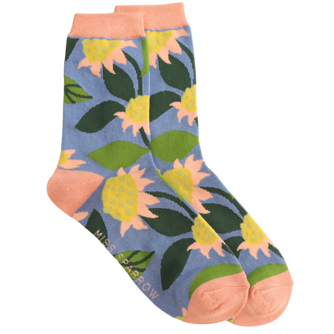 Miss Sparrow Echinaceas Socks Denim at Bibelot Leek