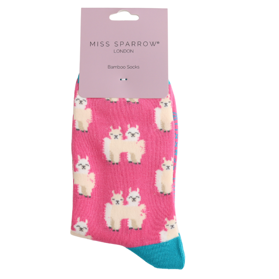 Miss Sparrow Llama Friends Socks Hot Pink at Bibelot Leek