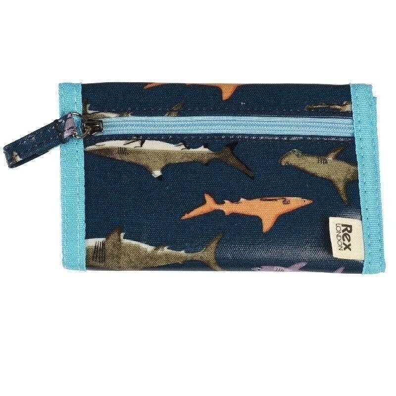 Pouch with shark pattern and blue zipper on a white background