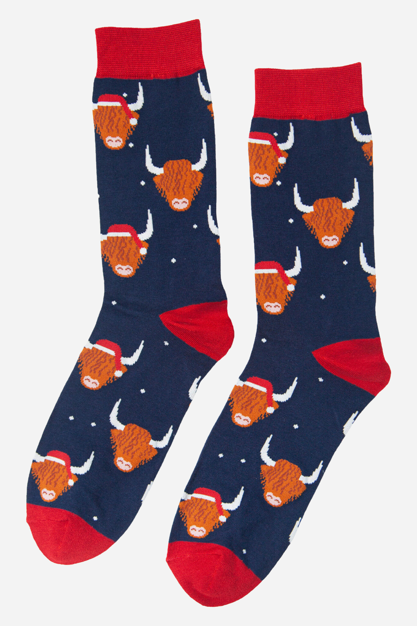 Sock Talk Men's Christmas Bamboo Socks - Navy/Red, Santa Highland Cow