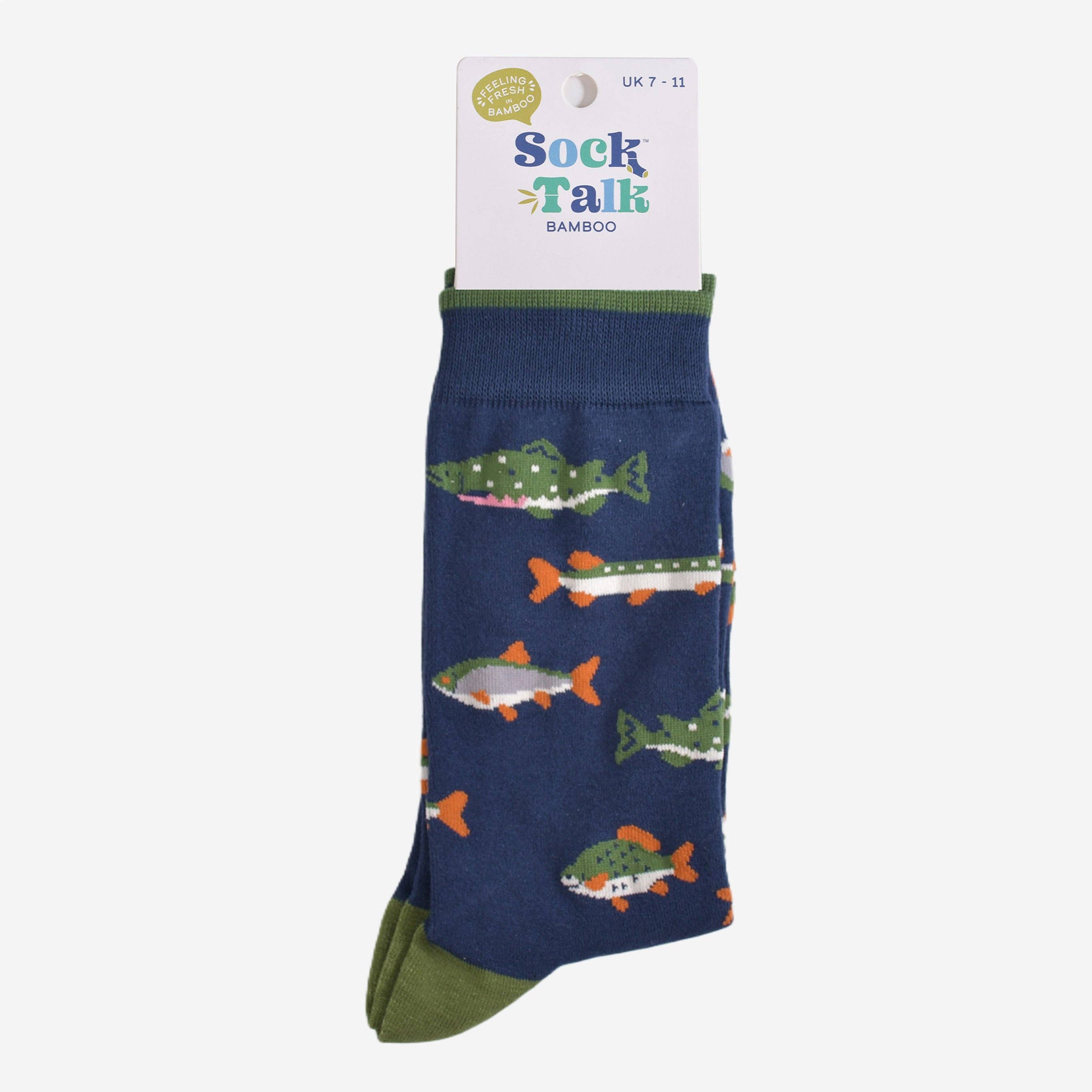 Pair of socks with fish pattern on a white background