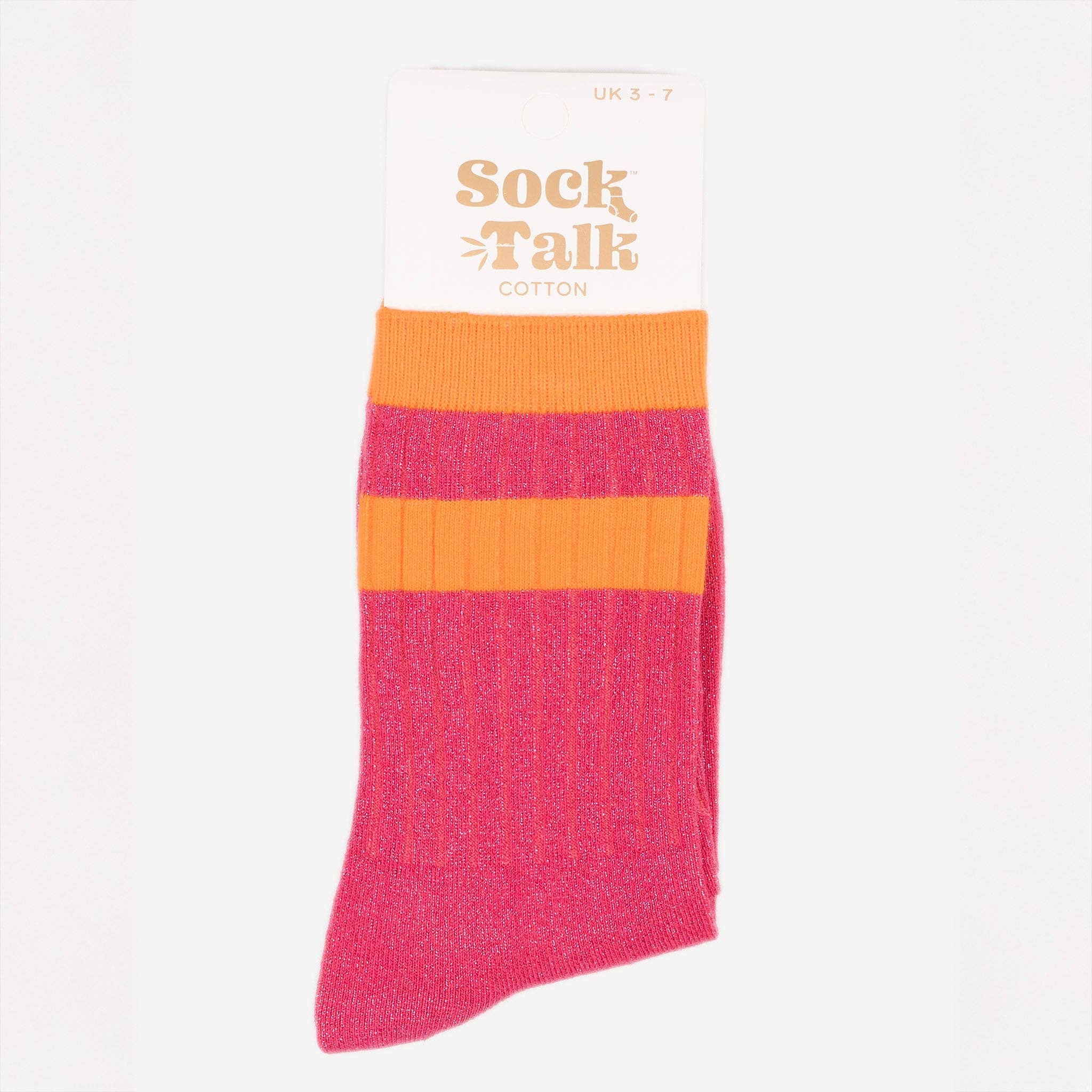 Sock Talk Striped Cuff Ribbed Cotton Glitter Socks in Hot Pink/Orange at Bibelot Leek UK Stockist