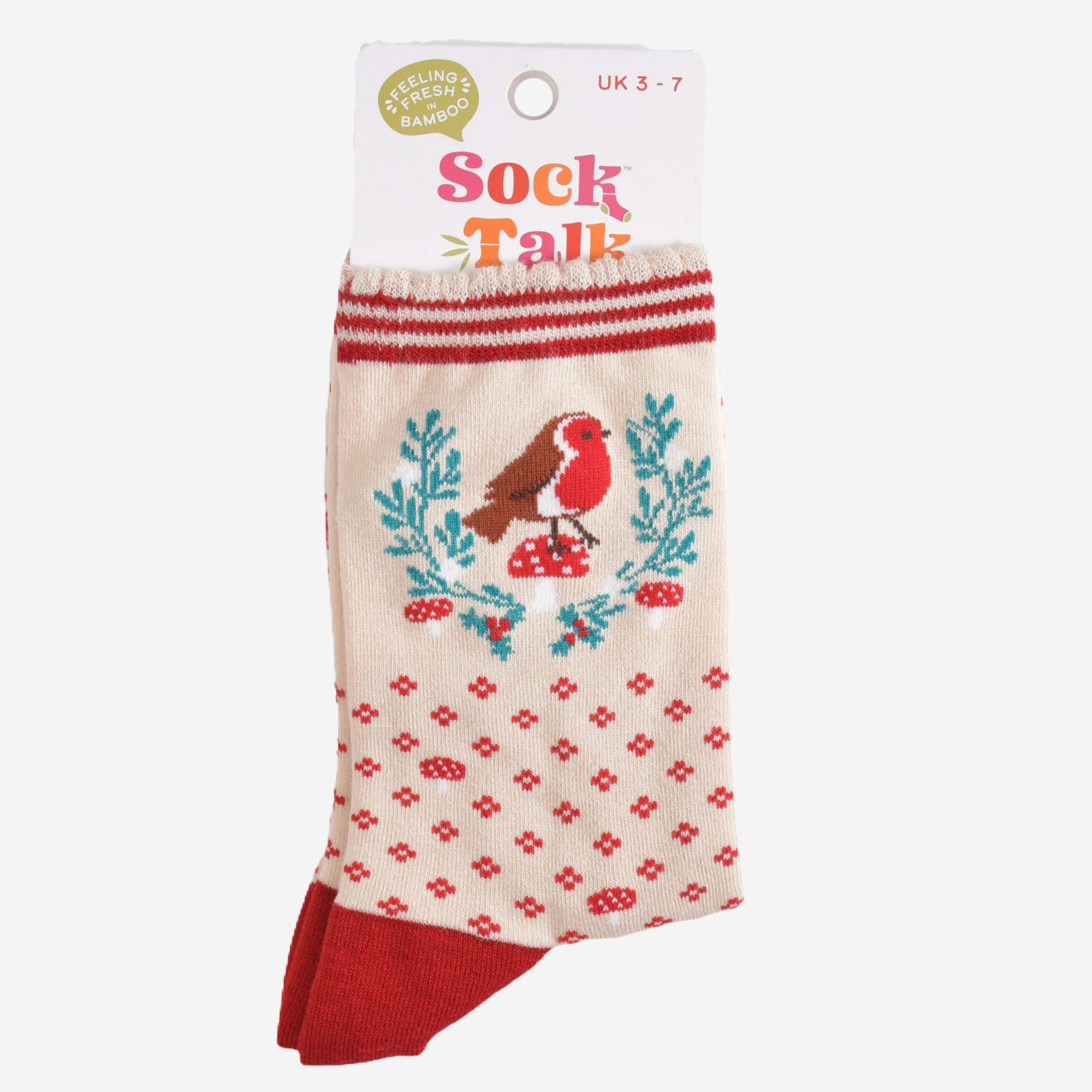 Sock Talk Women's Bamboo Socks - Cream/Red, Christmas Robin Wreath