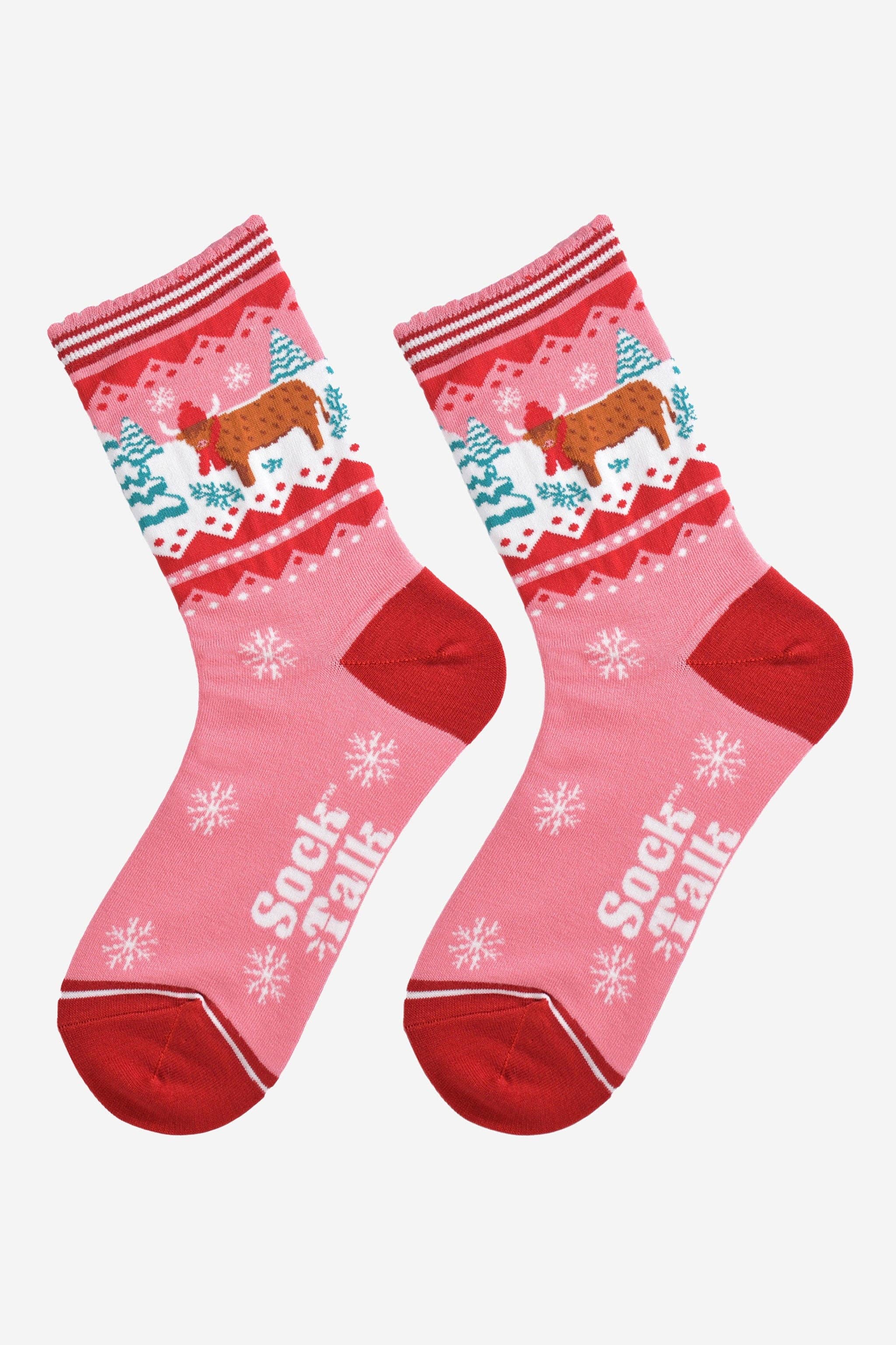 Sock Talk Women's Bamboo Socks - Pink/Red, Christmas Highland Cow
