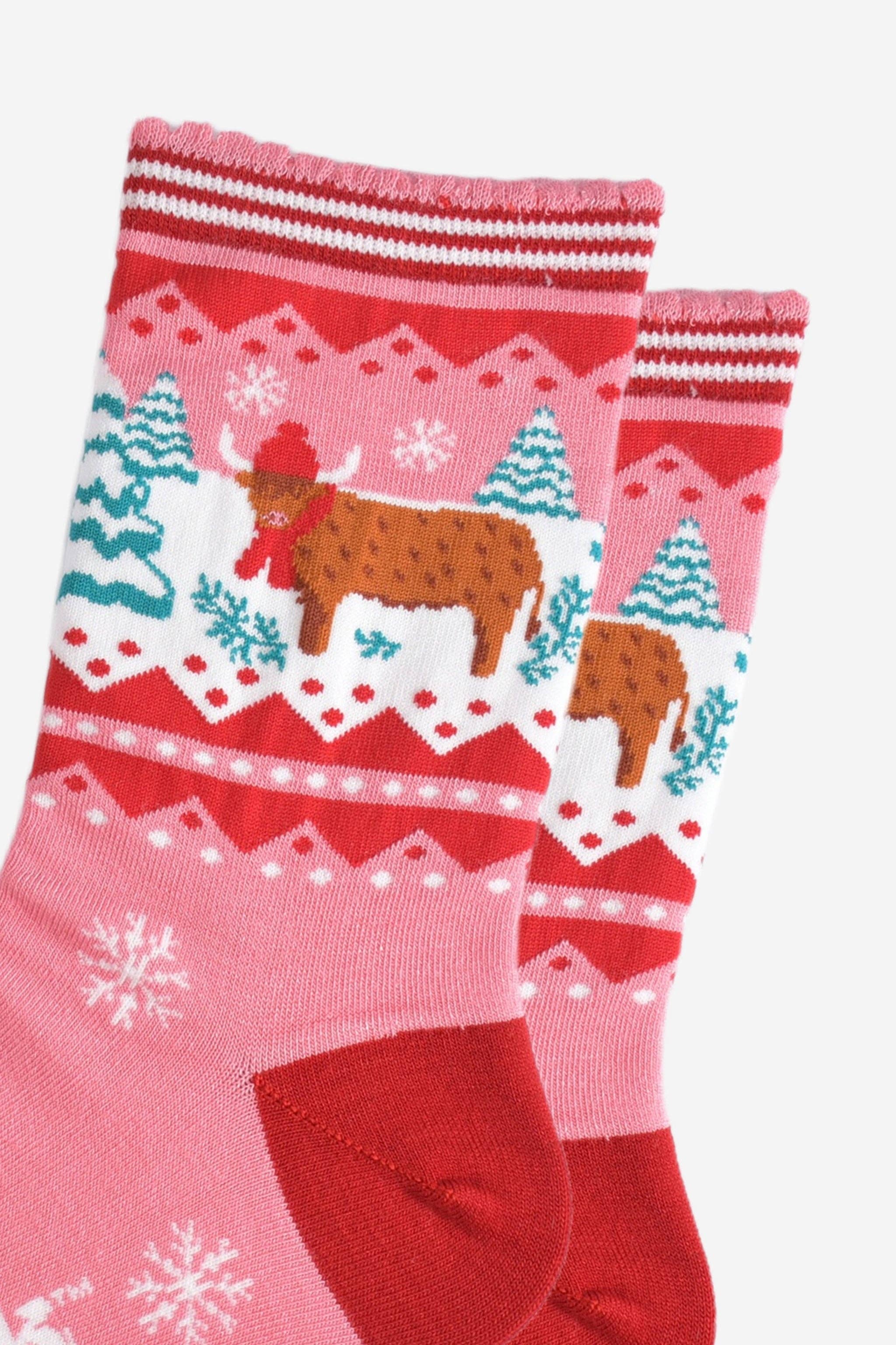 Sock Talk Women's Bamboo Socks - Pink/Red, Christmas Highland Cow