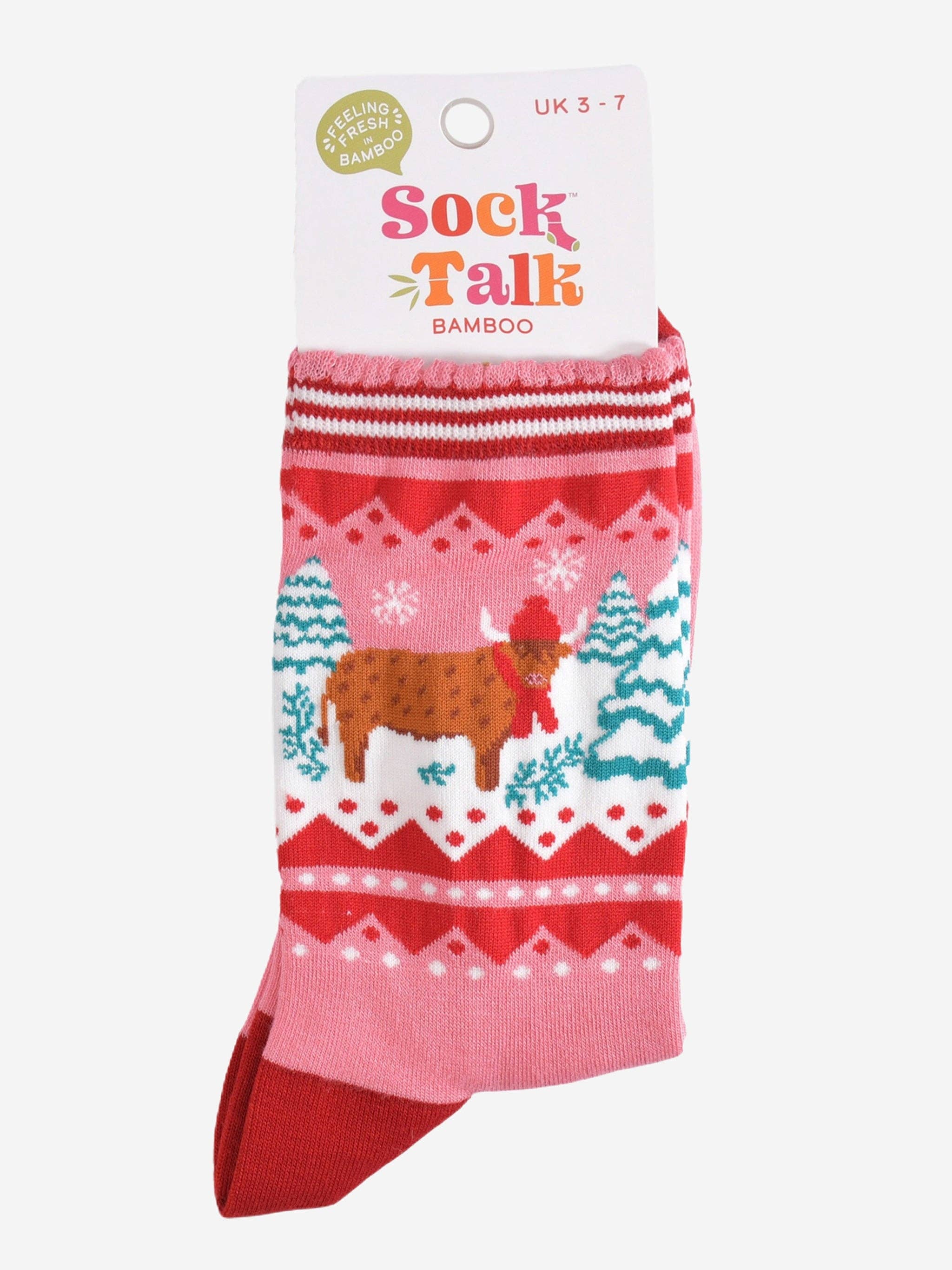 Sock Talk Women's Bamboo Socks - Pink/Red, Christmas Highland Cow