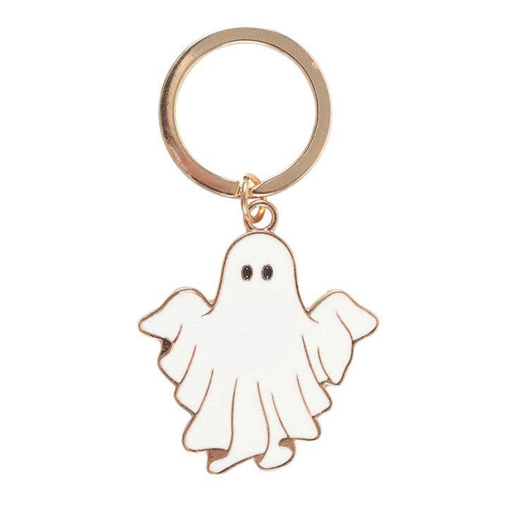 Ghost-shaped keychain with a gold ring on a white background