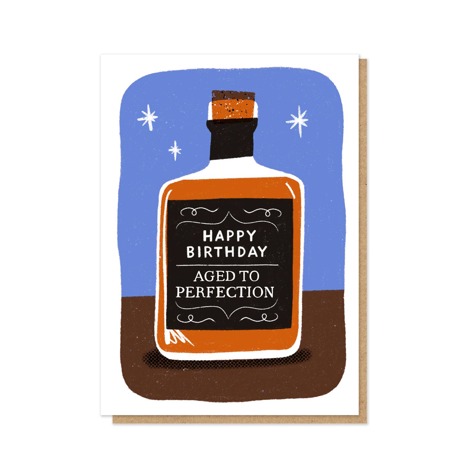 Birthday card with a bottle illustration and 'Happy Birthday, Aged to Perfection' text on a blue and brown background.