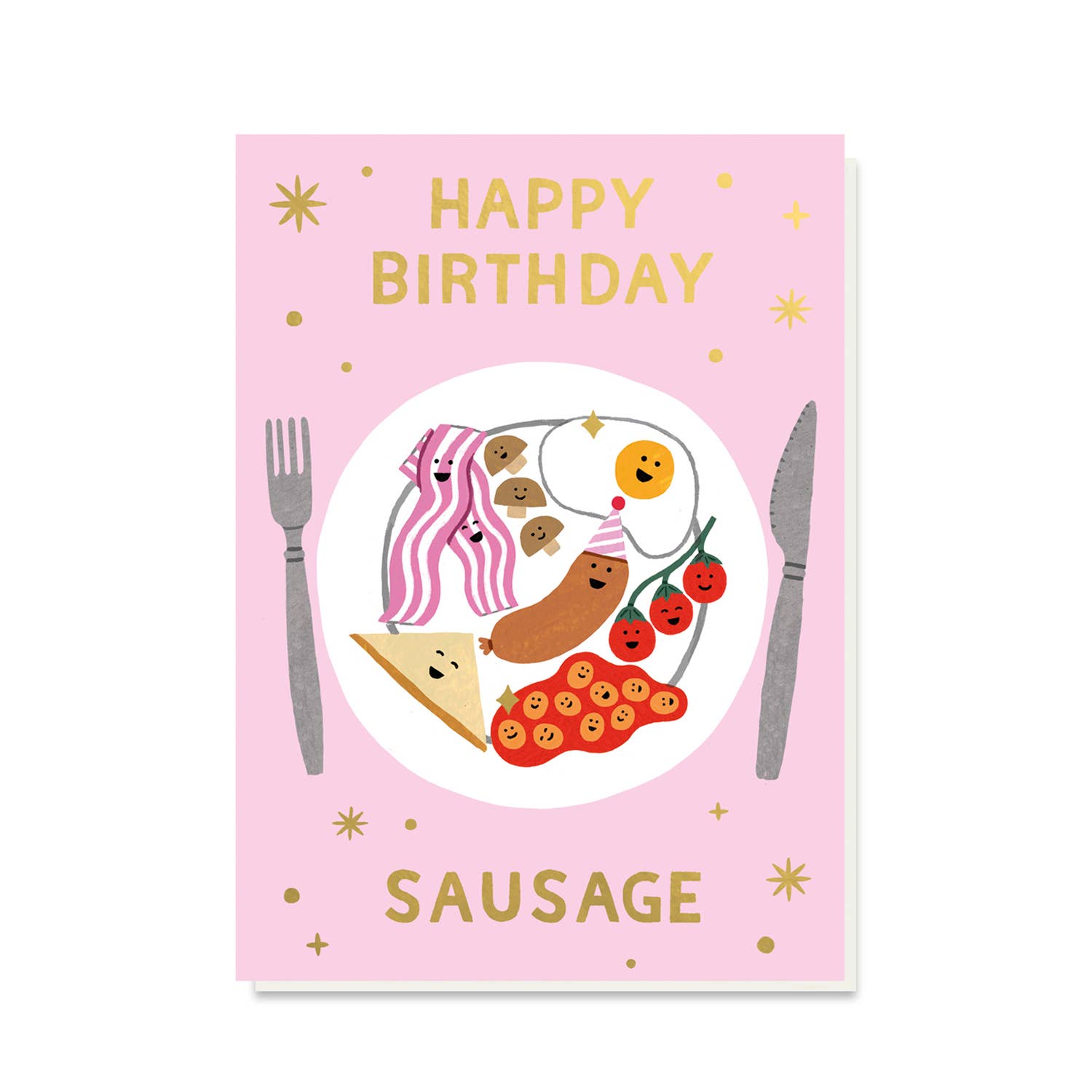 Birthday card with food illustrations and 'Happy Birthday Sausage' text on a pink background