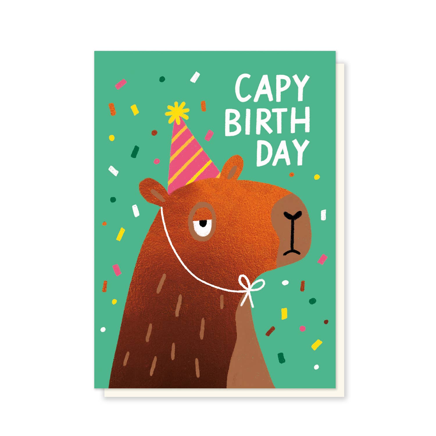 Birthday card with a bear wearing a party hat and confetti on a green background
