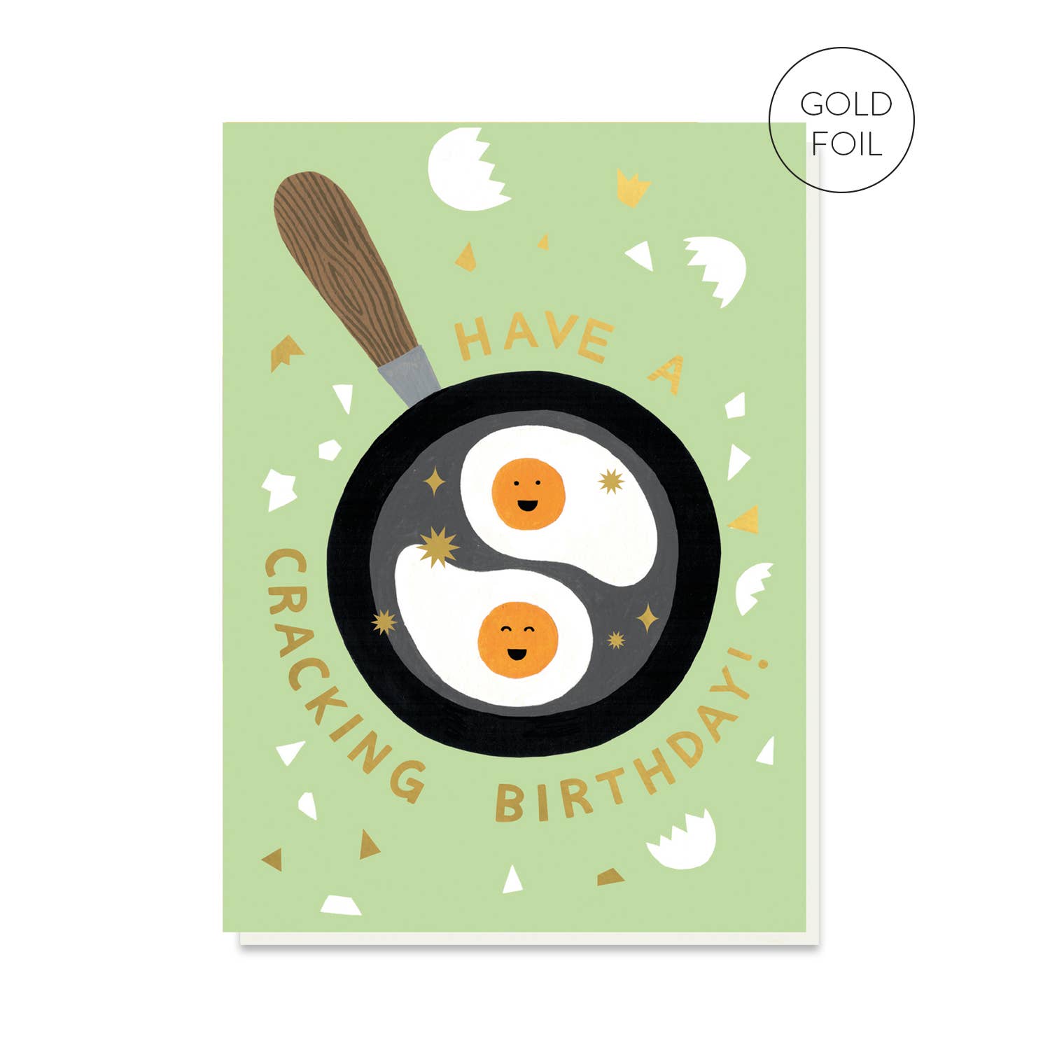 Birthday card with frying pan and eggs illustration on a green background