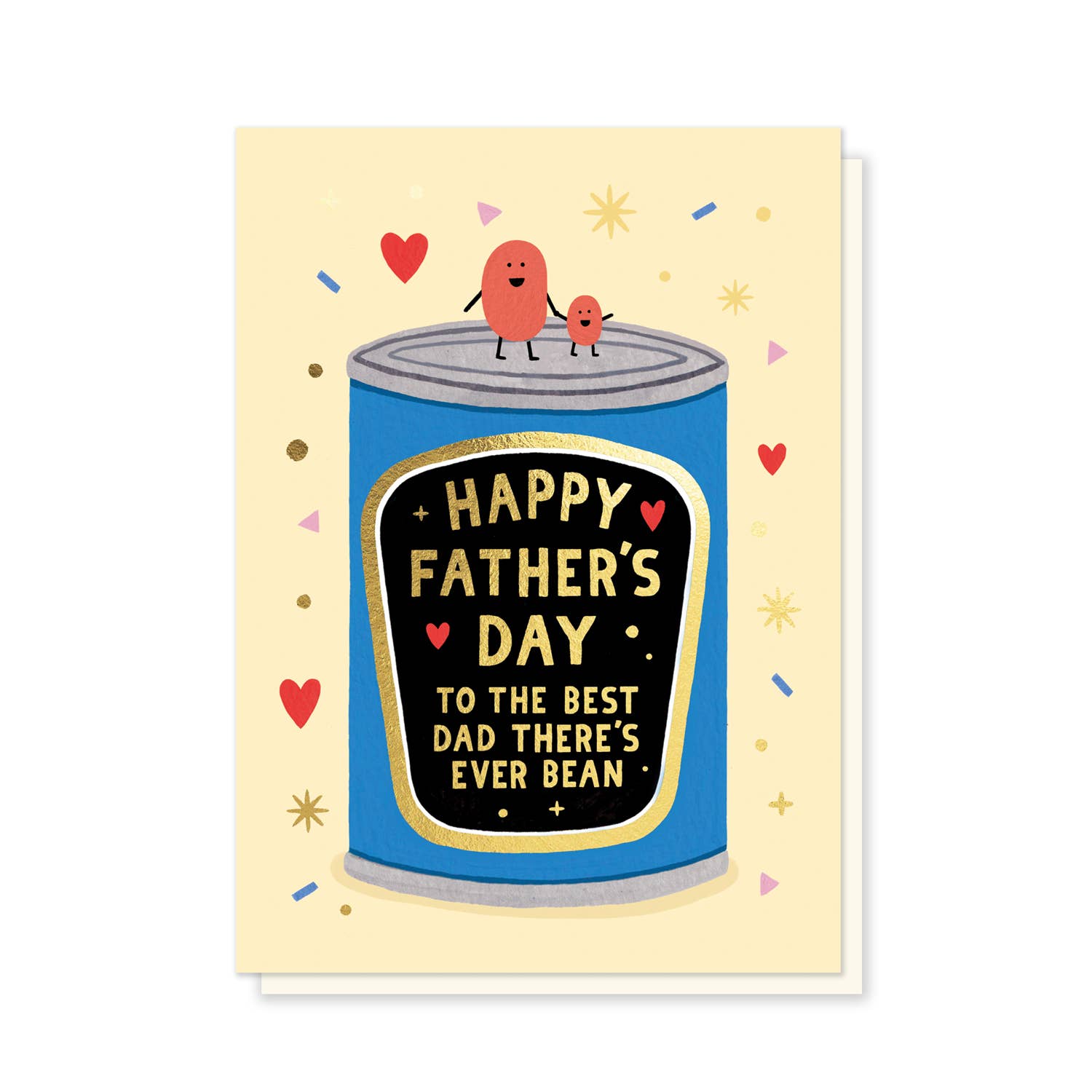 Father's Day card with a can of beans and cartoon characters on a light yellow background.
