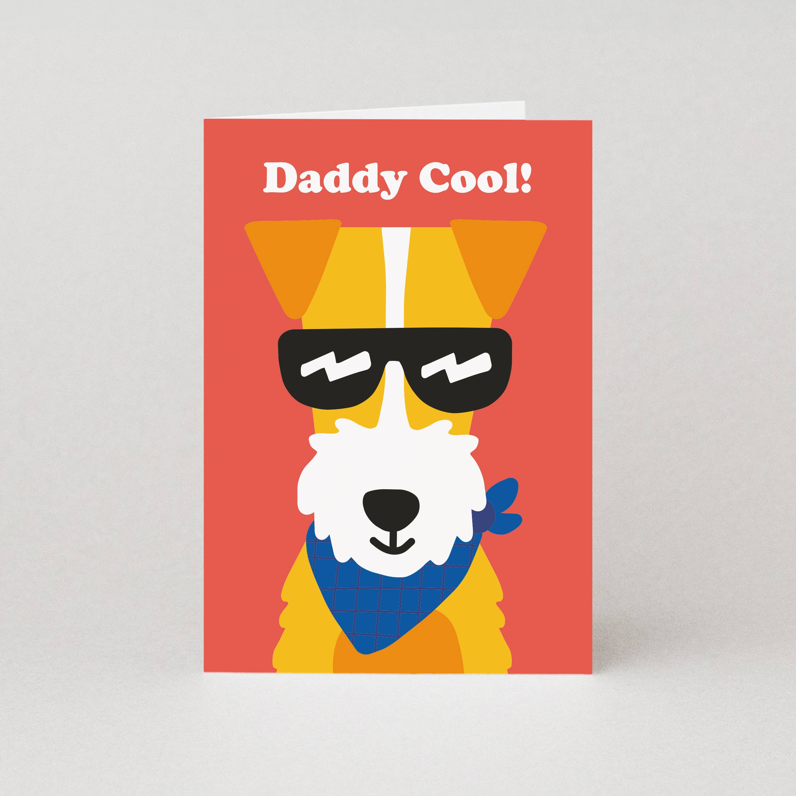 Card with a dog wearing sunglasses and a bandana, and the text 'Daddy Cool!' on a red background.