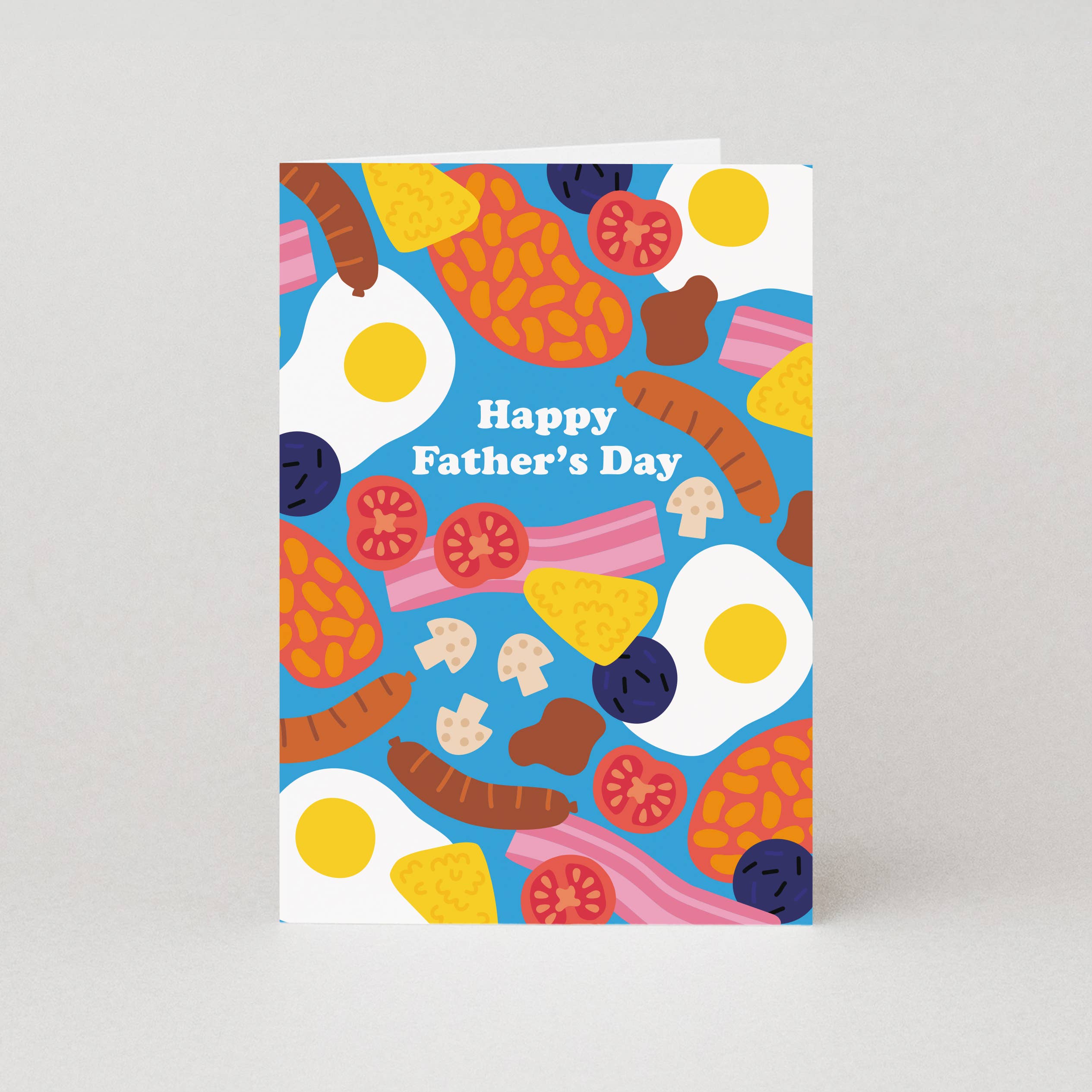 Father's Day card with illustrations showing a full English Breakfast on a blue background