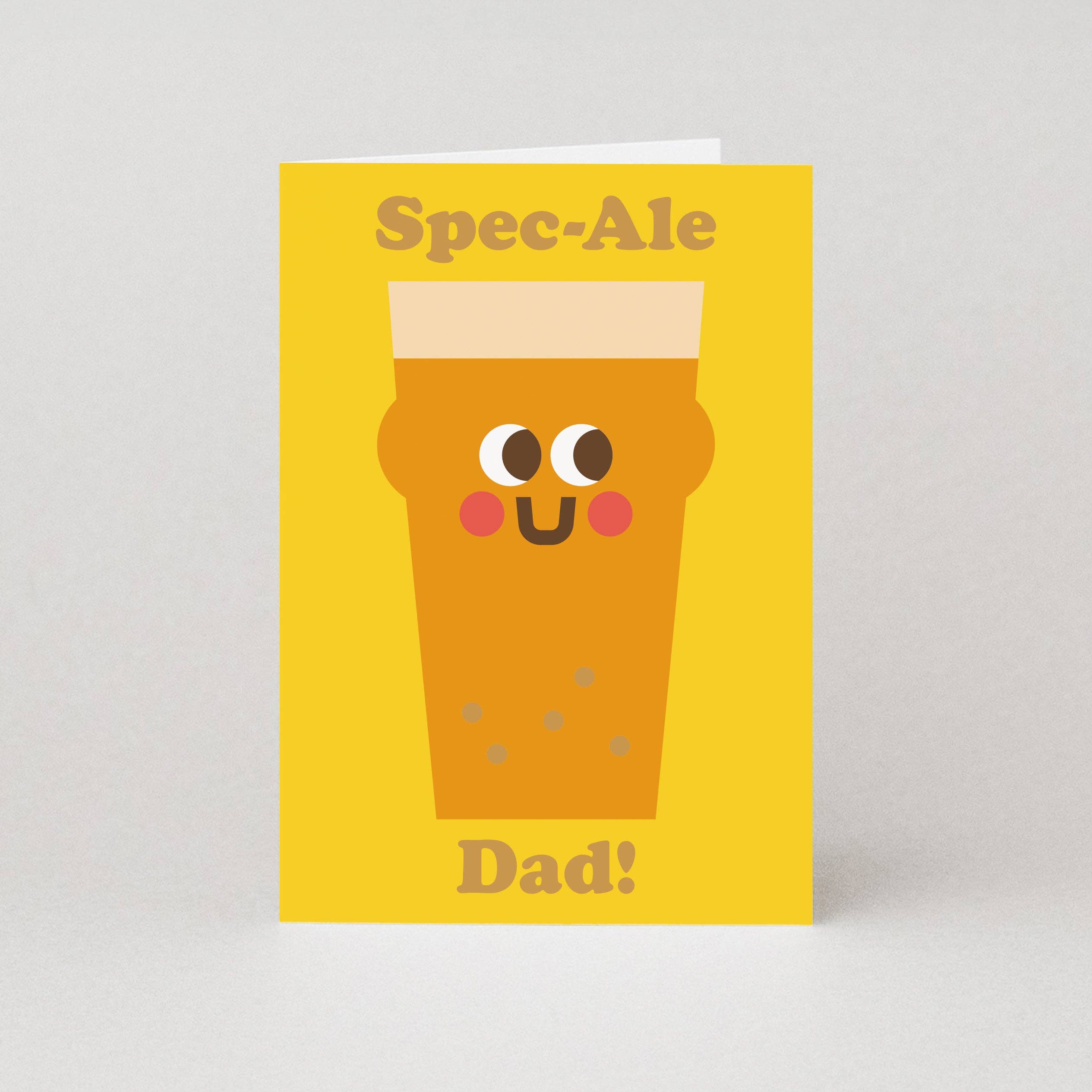 Greeting card with a cartoon beer glass and text on a yellow background