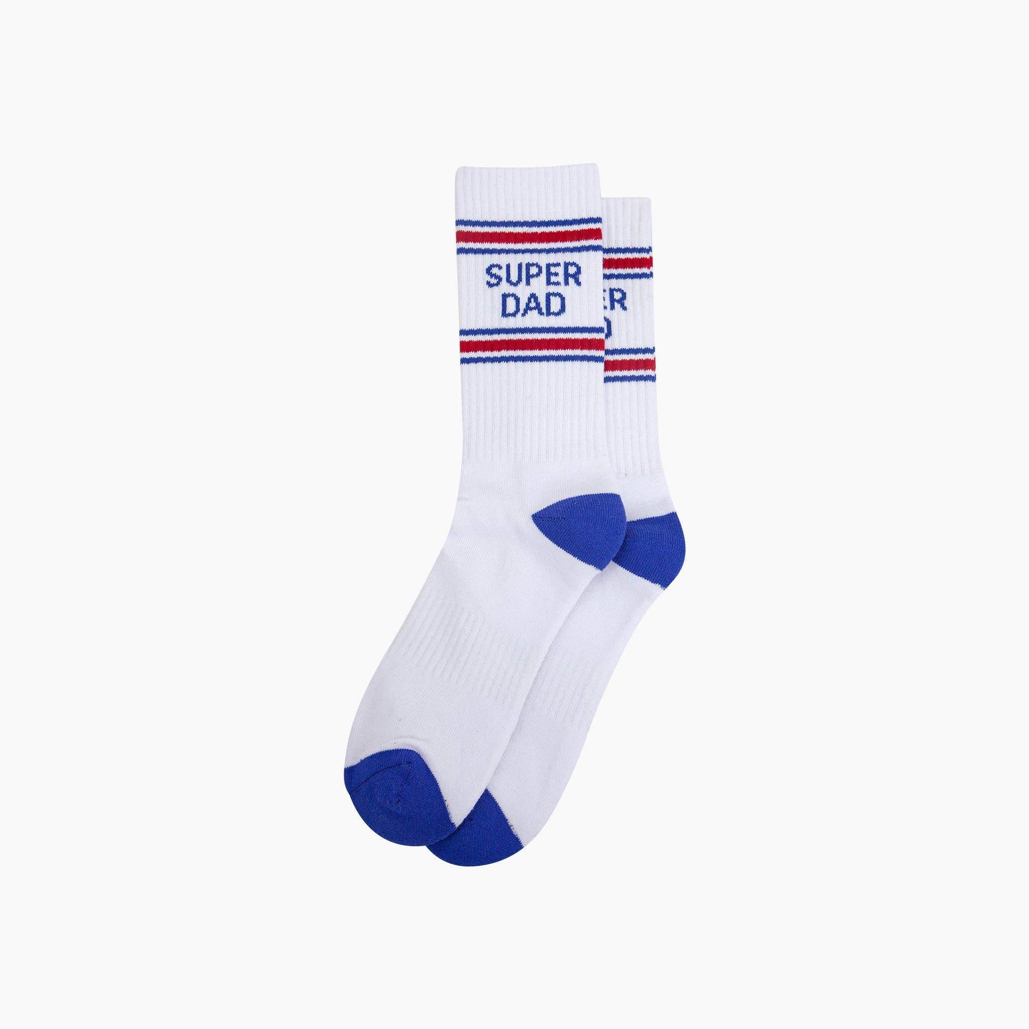 White sock with 'Super Dad' text and blue accents on a white background