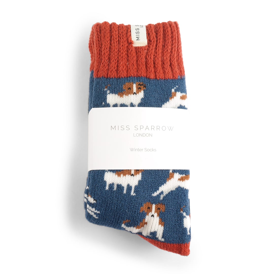Miss Sparrow Winter Jack Russells Navy Socks Bibelot UK Stockist