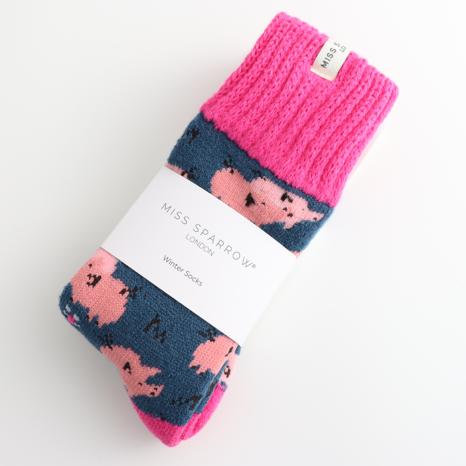 Miss Sparrow Winter Pretty Pigs Navy Socks Bibelot UK Stockist