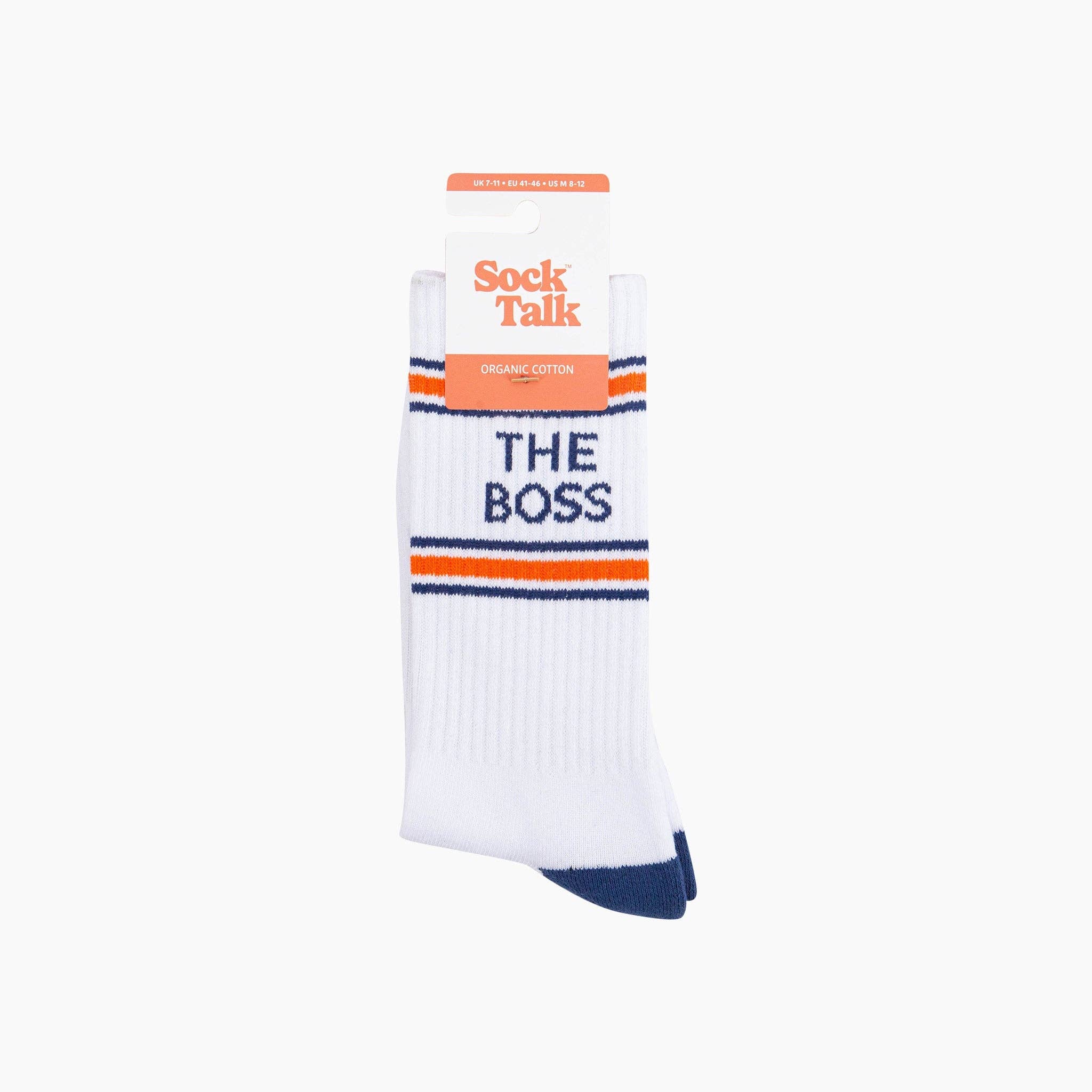 White sock with 'The Boss' text and orange and blue stripes, branded 'Sock Talk', on a white background.