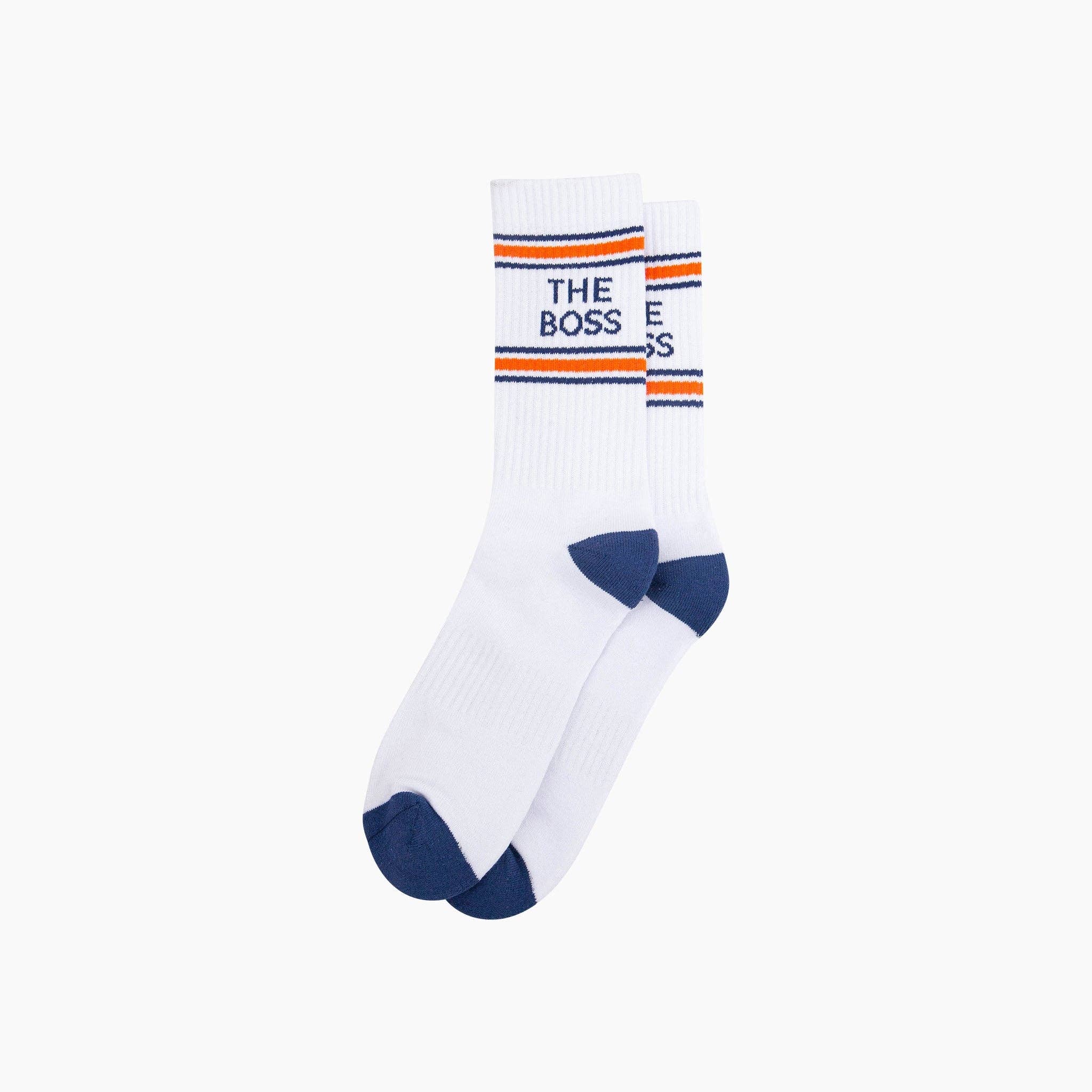 White sock with blue accents and 'The Boss' text on a white background