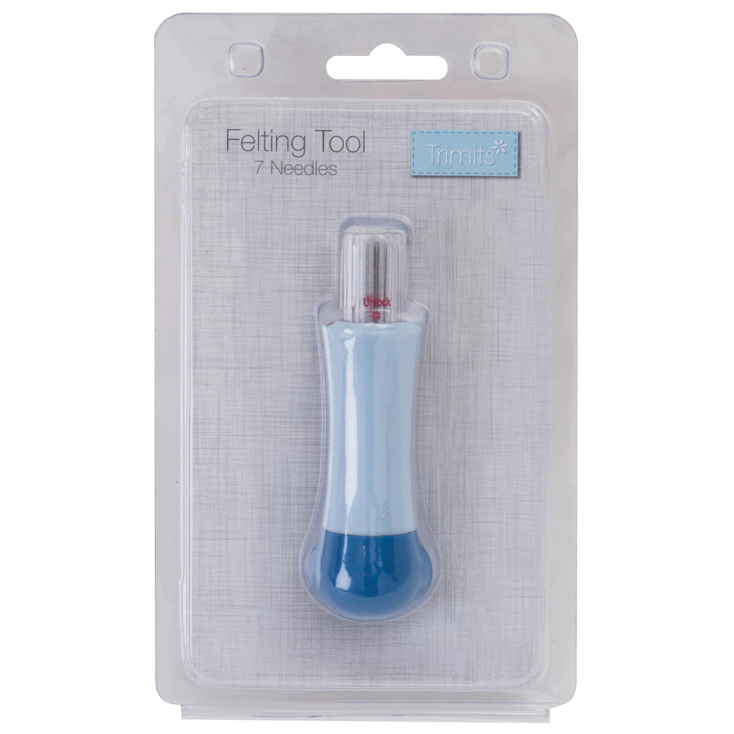 Trimits Felting tool with blue handle in clear packaging on a white background