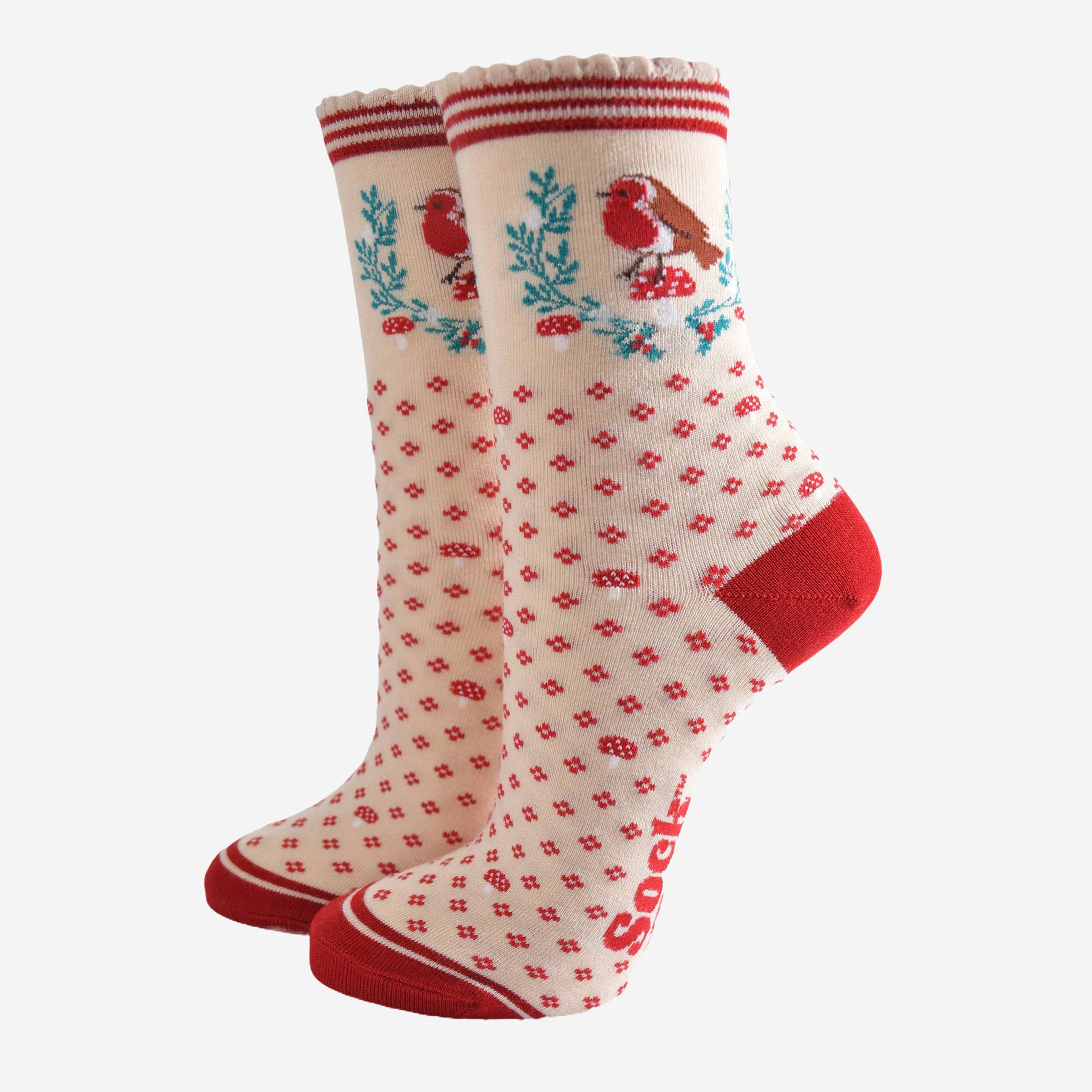 Sock Talk Women's Bamboo Socks - Cream/Red, Christmas Robin Wreath