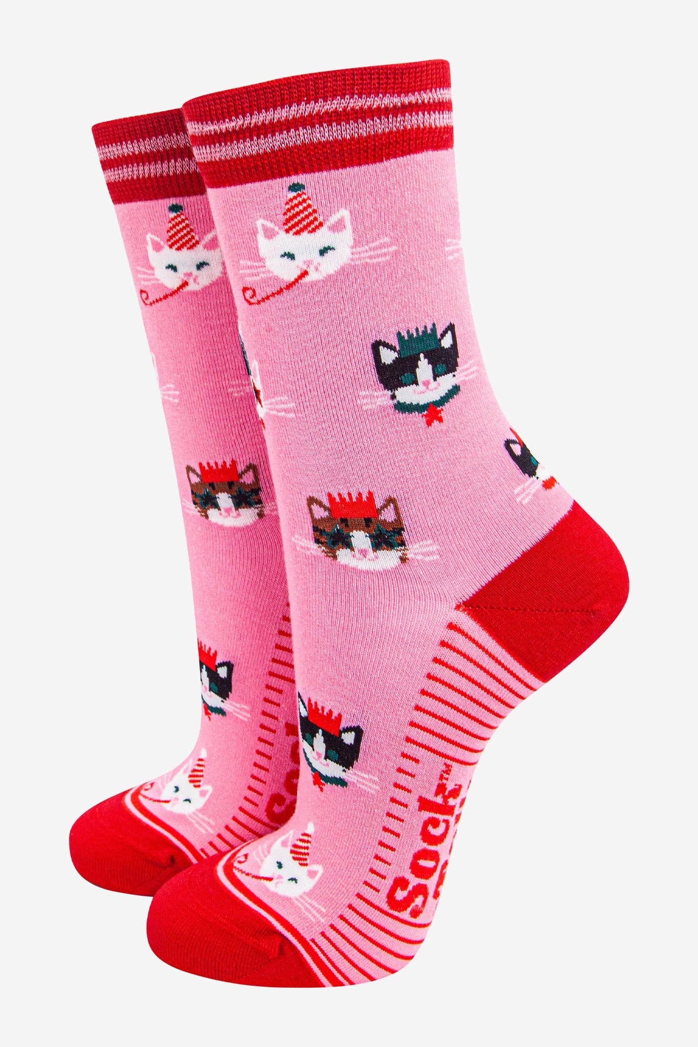 Sock Talk Women's Bamboo Socks - Hot Pink/Red, Party Cats
