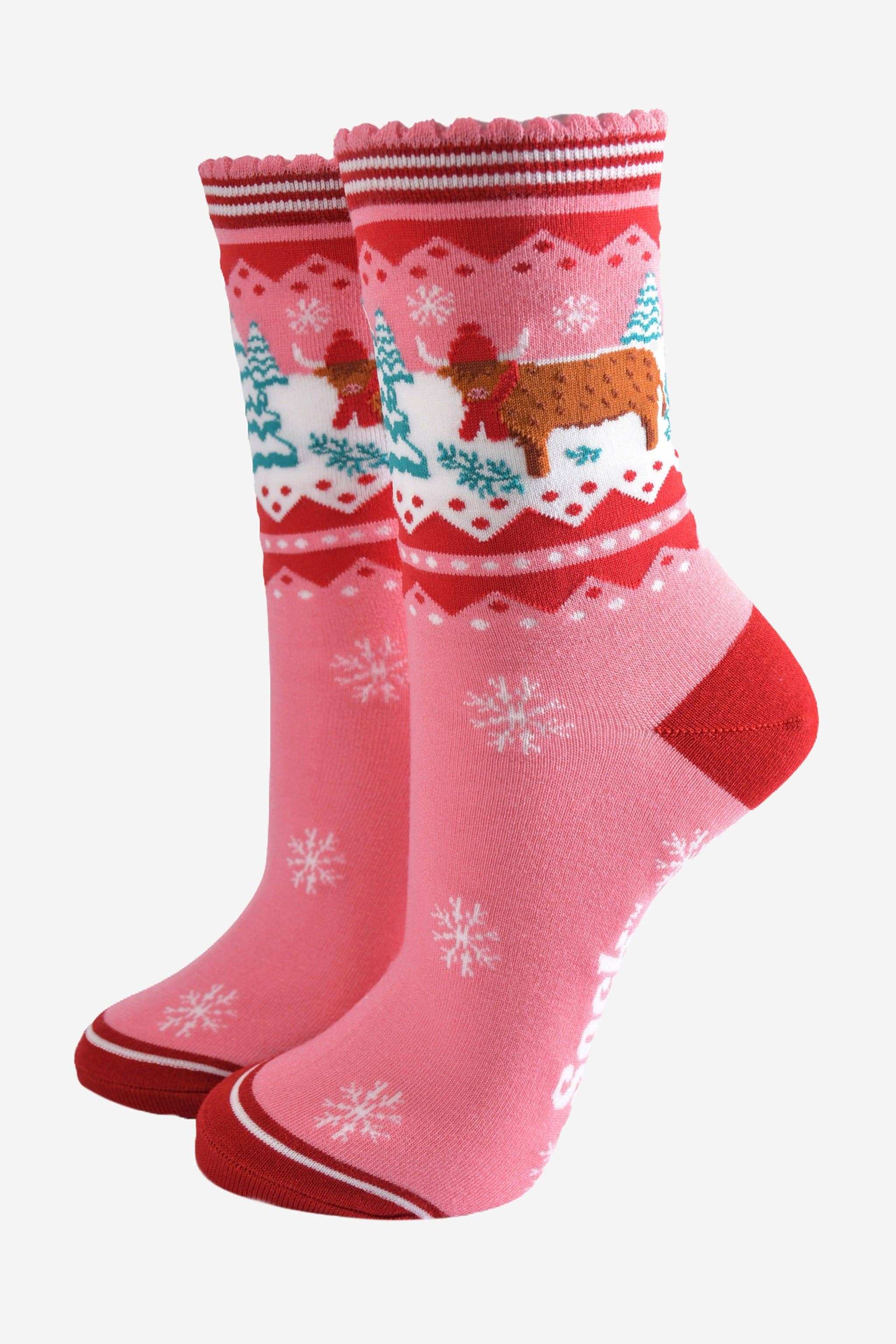 Sock Talk Women's Bamboo Socks - Pink/Red, Christmas Highland Cow