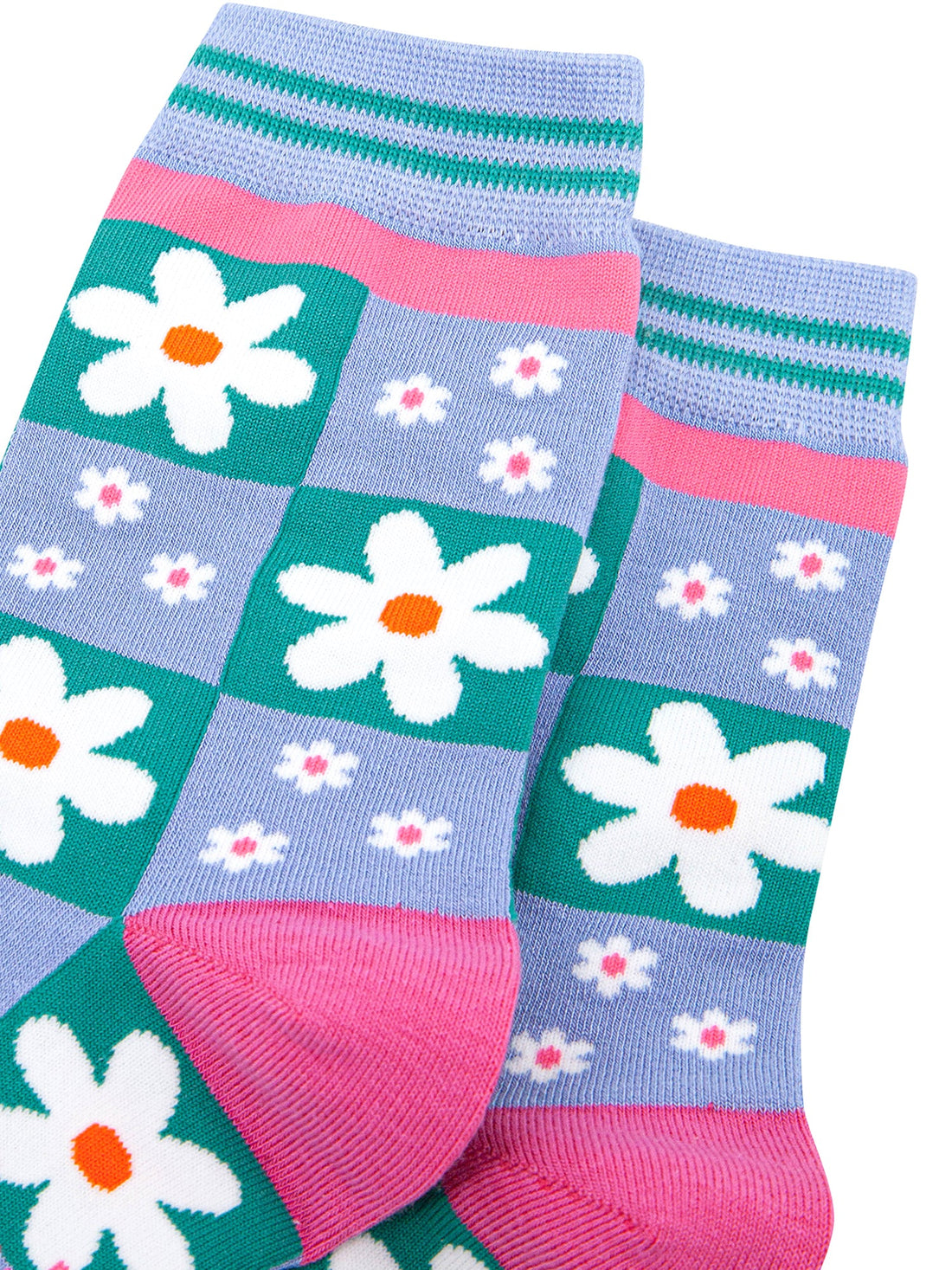 Women's Flower Checkerboard Bamboo Socks in Blue Bibelot Leek