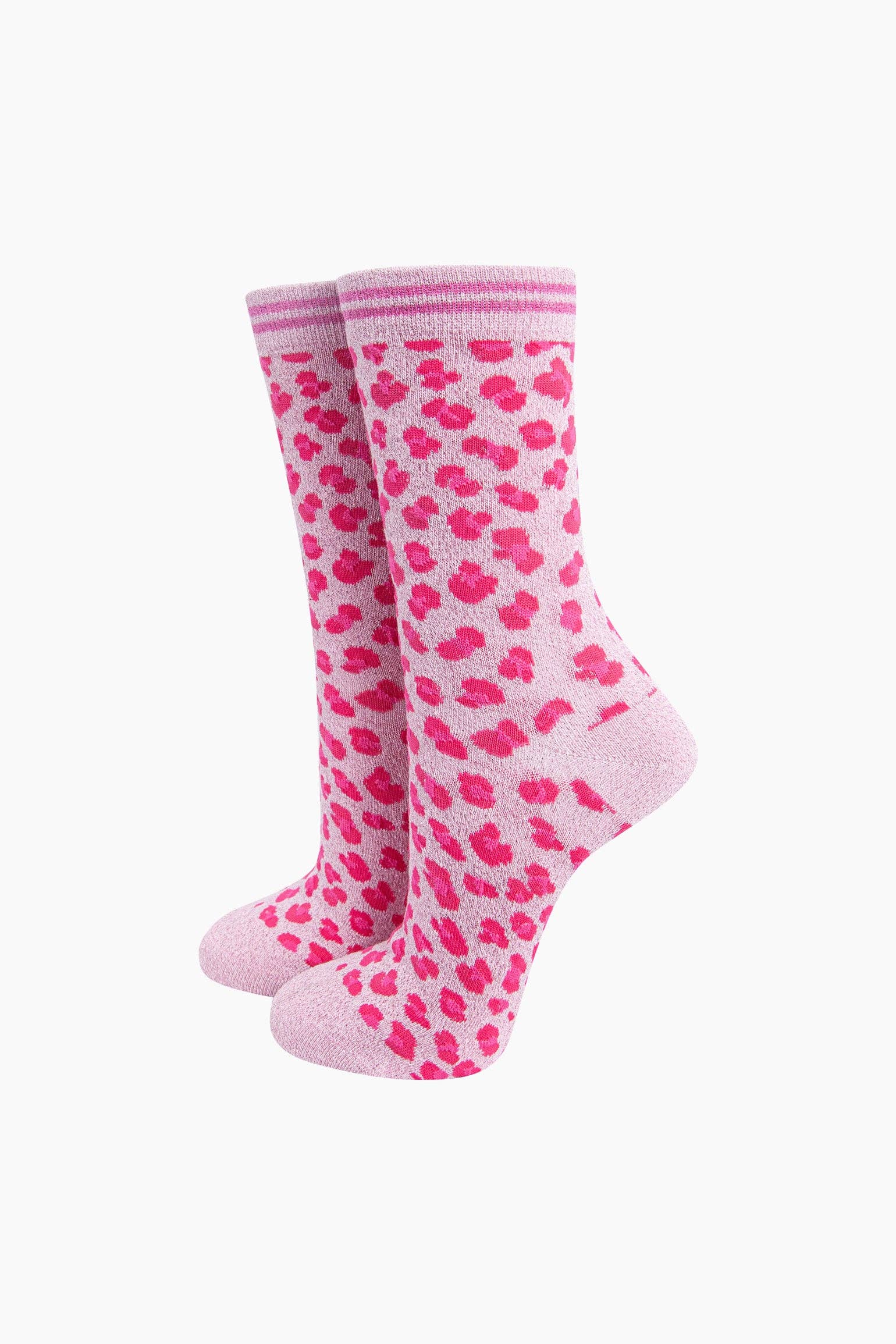 Women's Leopard Print Combed Cotton Glitter Socks in Pink Bibelot Leek