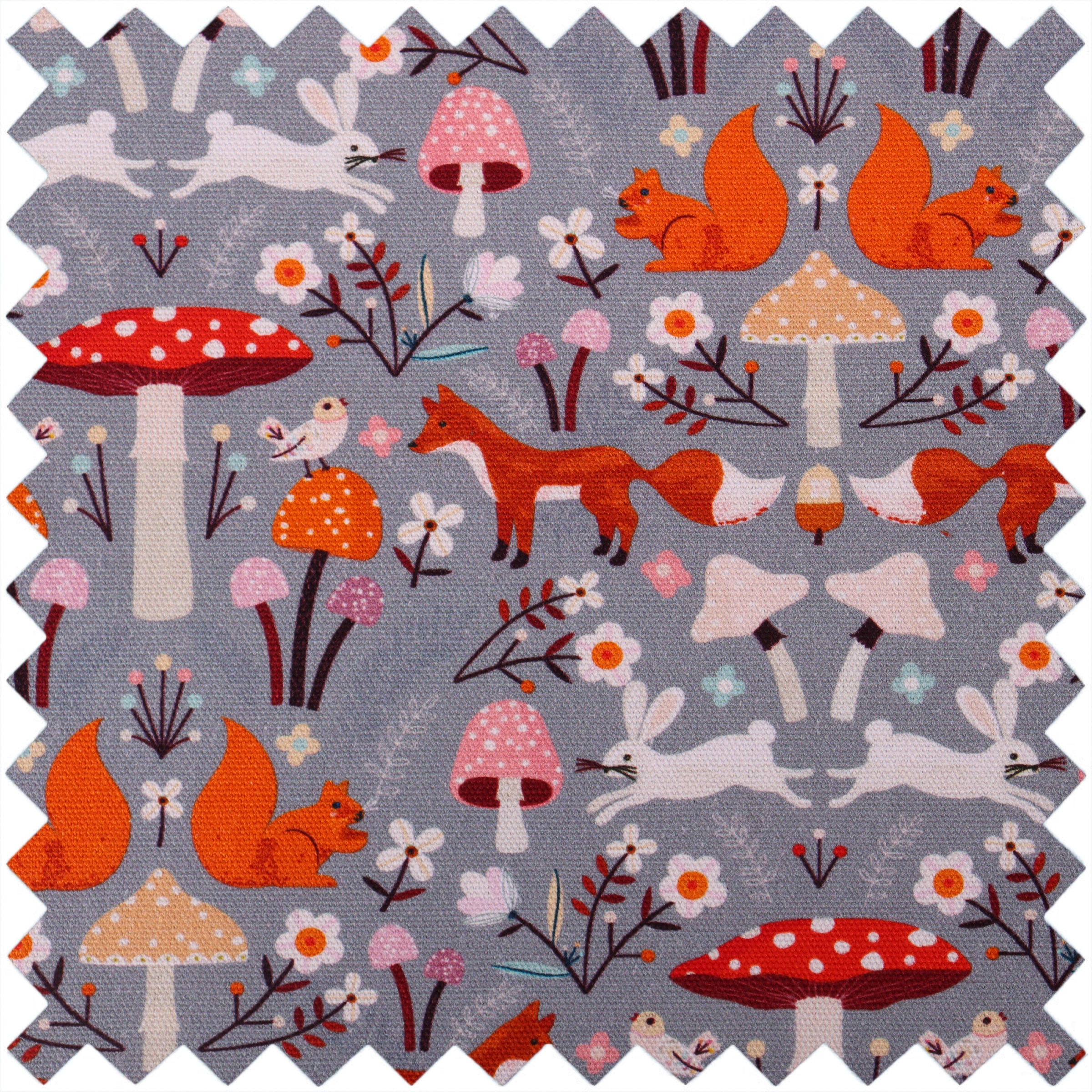 Fabric swatch with fox, rabbit, and mushroom pattern on a gray background