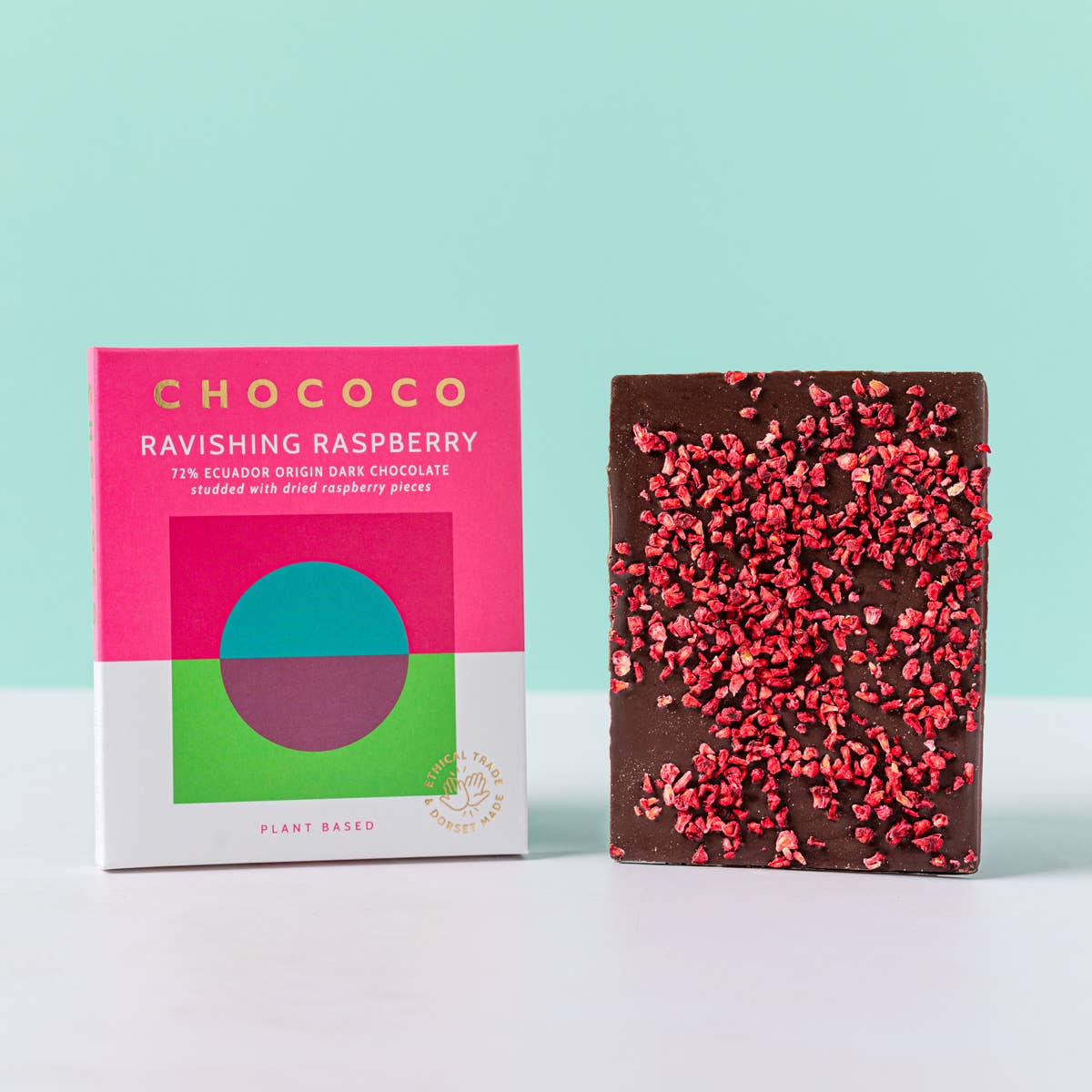 Chococo Ravishing Raspberry studded 72% Ecuador Chocolate Bar (VEGAN) Bibelot Leek
