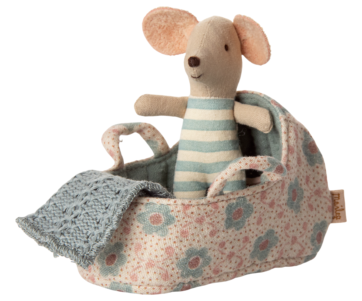 Maileg Carry Cot, Baby Mouse - Blue Bibelot UK Stockist