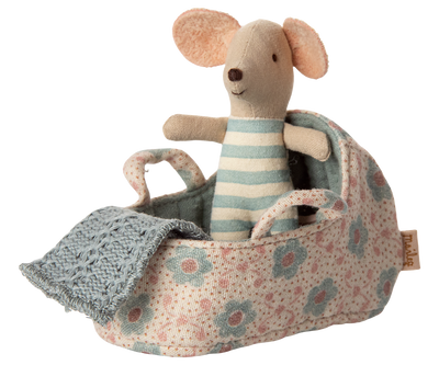 Maileg Carry Cot, Baby Mouse - Blue Bibelot UK Stockist