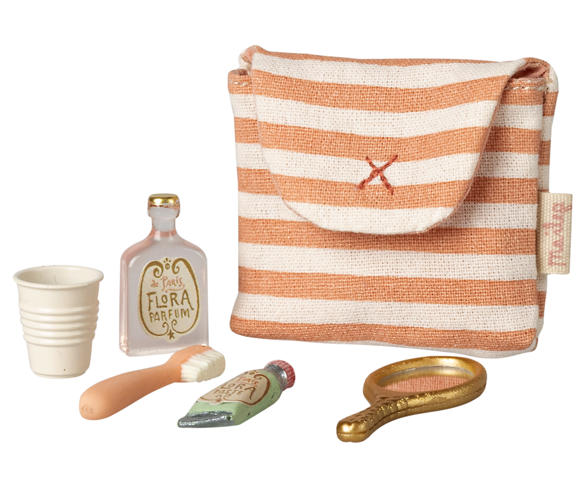 Maileg Toothbrush Set in Bag, Mouse - Coral Stripe at Bibelot Leek