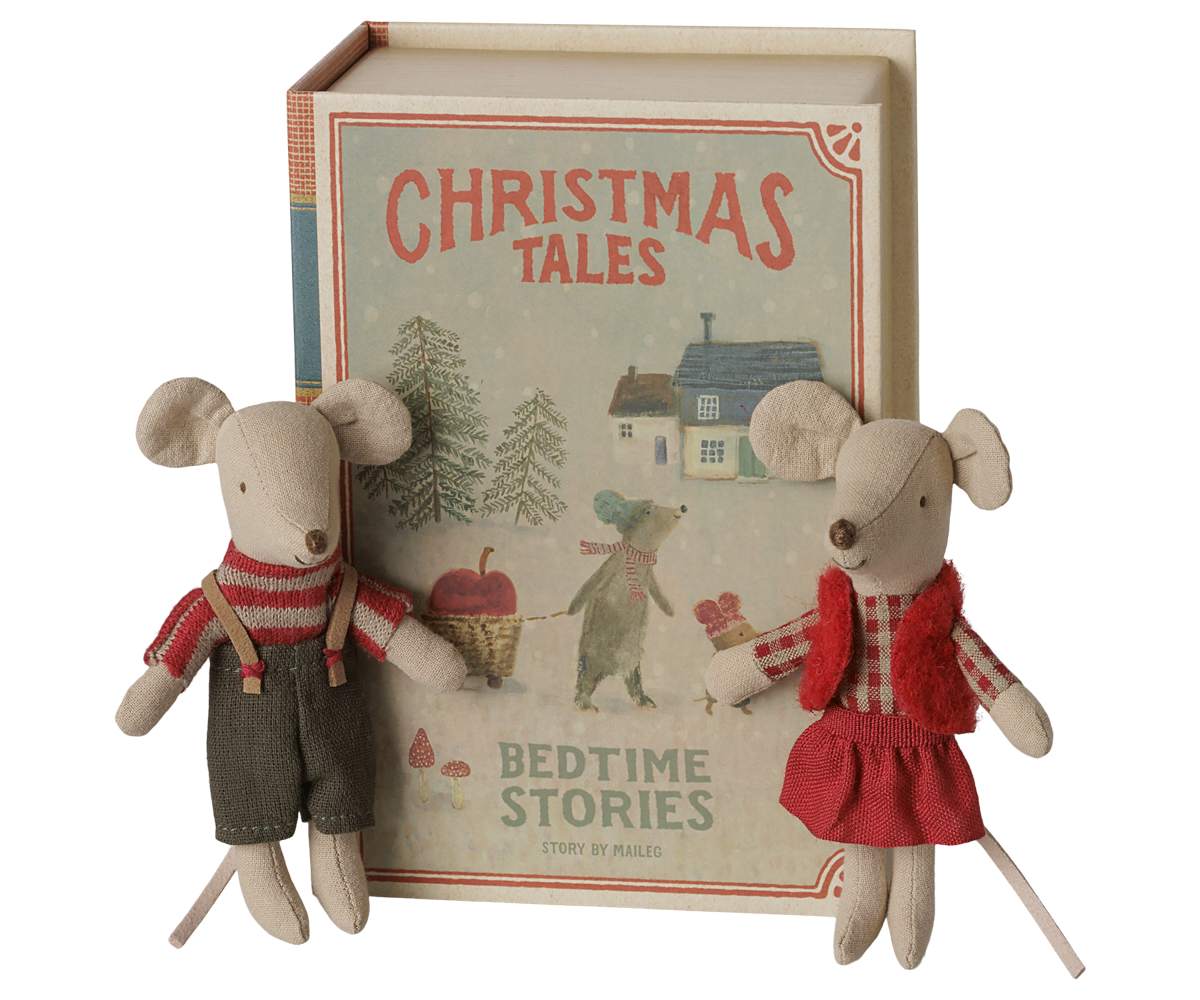 Maileg Christmas Twin Mice, Little Sister and Brother in Book at Bibelot Leek UK Stockist