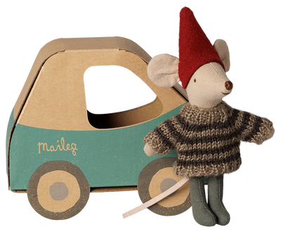 Maileg Christmas Mouse, Little Brother in Car Box at Bibelot Leek UK Stockist