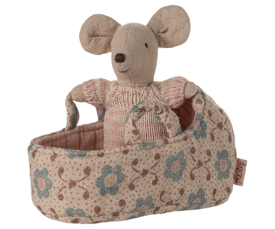Maileg Baby Mouse in Carry Cot - Rose UK stockist