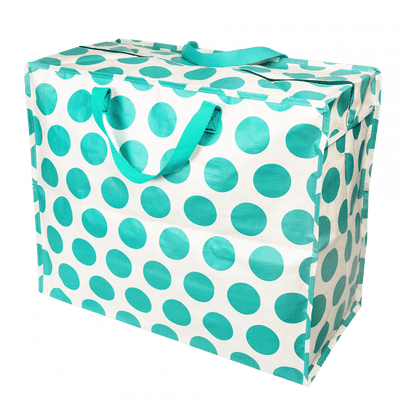 Polka dot storage bag with teal dots on a white background