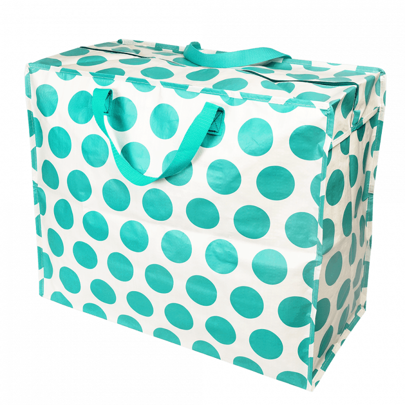 Polka dot storage bag with teal dots on a white background