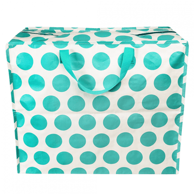 Polka dot bag with teal dots on a white background