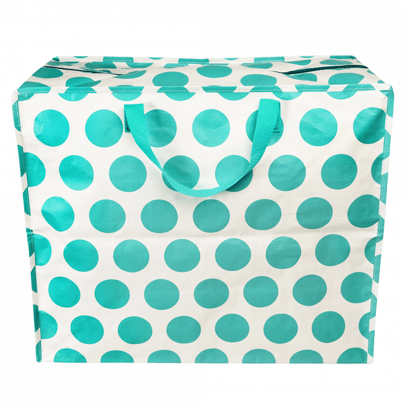 Polka dot bag with teal dots on a white background